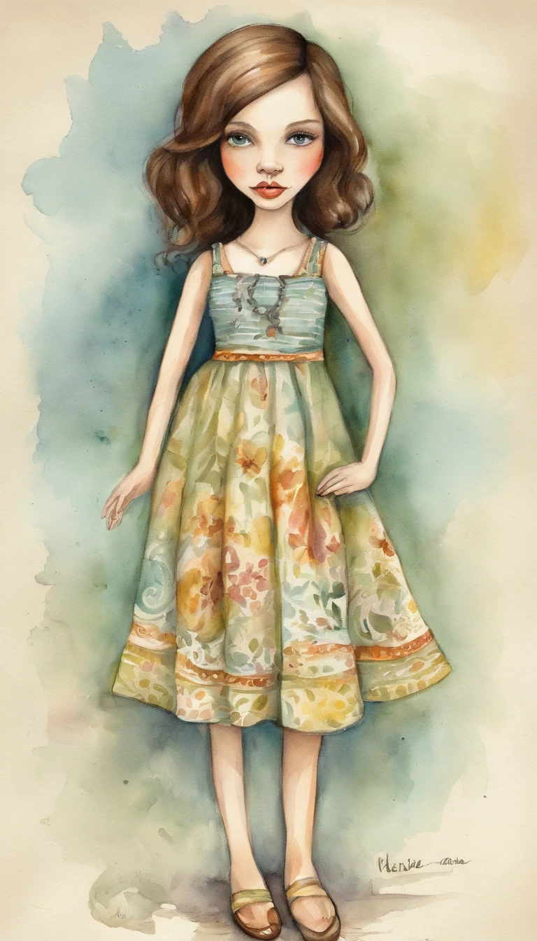 "Create a cartoon-style drawing of a lovely, slightly smiling girl, resembling a Blythe doll. She is dressed in a bikini, has brunette hair styled in a bob, dark eyes, a small cute nose, and a slender figure. The girl is standing facing forward with her hands hanging down by her sides, legs straight, and feet pointing forward."