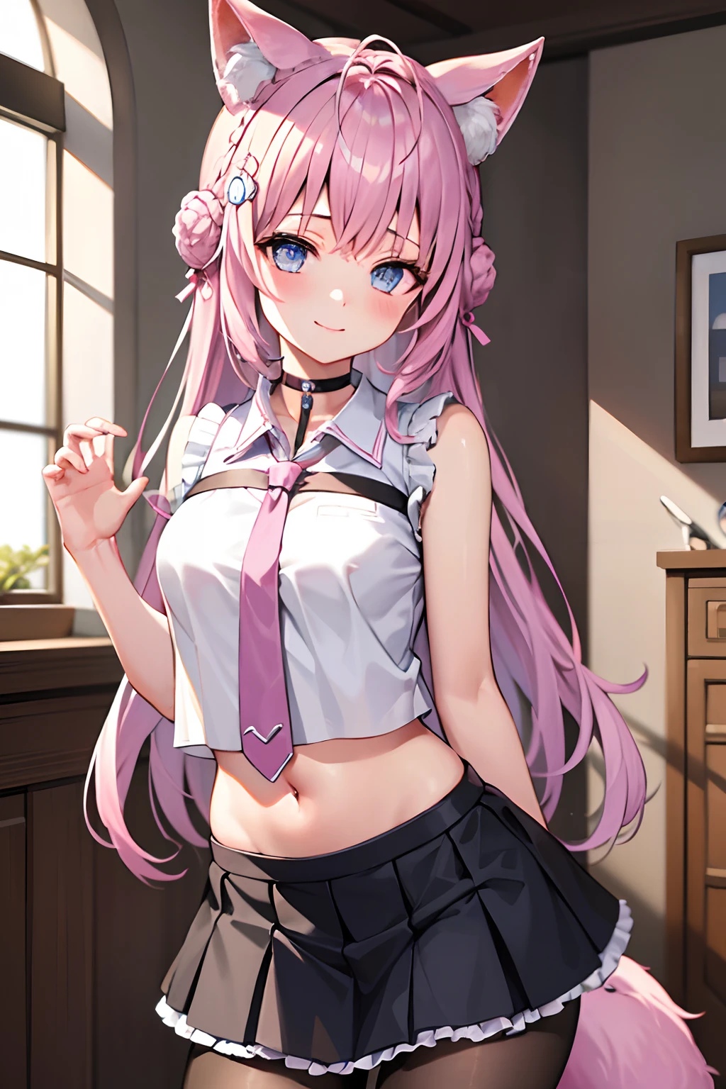 The Masterpiece,best qualiy,Hi-Res,standing a,DEF1,lora:Koyori-000015:1,pink tie,tights,hairornaments,Lilac eyes,One-sided braid,Sorrisos,1girl, animal ear fluff, animal ears, arm behind back, bangs, black choker, black skirt, blue eyes, blush, braid, braided bun, breasts, brown pantyhose, choker, closed mouth, cowboy shot, (pose), crown braid, double bun, frilled skirt, frills, hair bun, hair ornament, hakui koyori, indoors, long hair, medium breasts, midriff, miniskirt, navel, necktie, pantyhose, pink hair, pink necktie, shirt, skirt, sleeveless, sleeveless shirt, smile, solo, standing, tail, hite shirt, wolf ears, wolf tail, masterpiece,highres,best quality, masterpiece, best quality, ultra-detailed