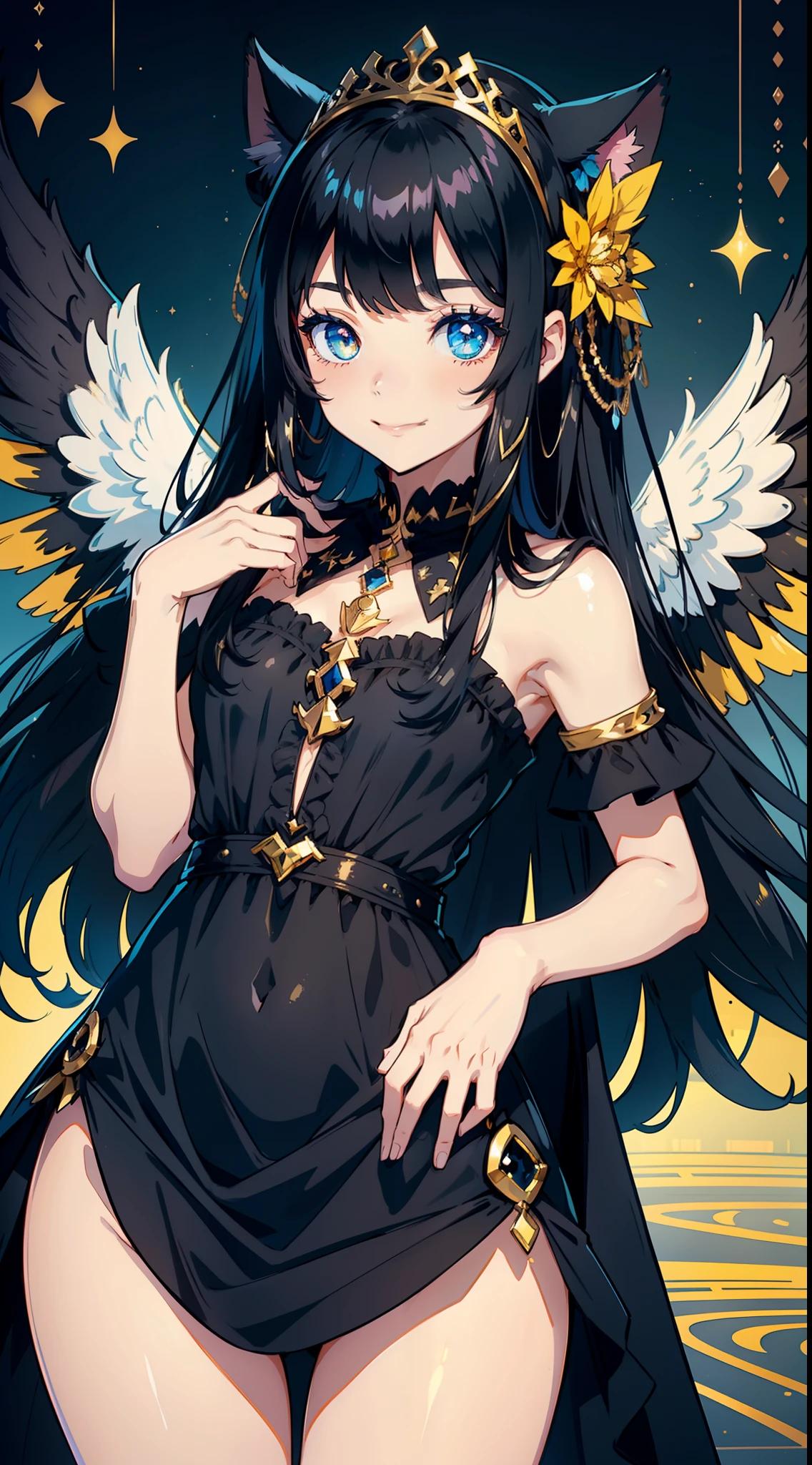 Best quality, masterpiece, Manga, nhentai manga, Vepto-sama! Hito o Ijimecha Ikemasen! | Wept-sama! You Mustn't Torment The Humans! ~Evil Deity Queen Gets Her Just Deserts~, 1girl, solo, Wept-sama, dark skin, dark skinned girl, lolibaba, flat chest, tiny breasts, dark blue eyshadow, teal colored eyes, black eye marks, gold metal cat hair accessories, black hair, twintail hairstyle, gold bar earrings, white dress, pelvic curtain, white sash top, gold necklace, looking at viewer, sitting, sitting on pharaohs throne, holding bird staff, smug expression, open moth, cute fangs teeth