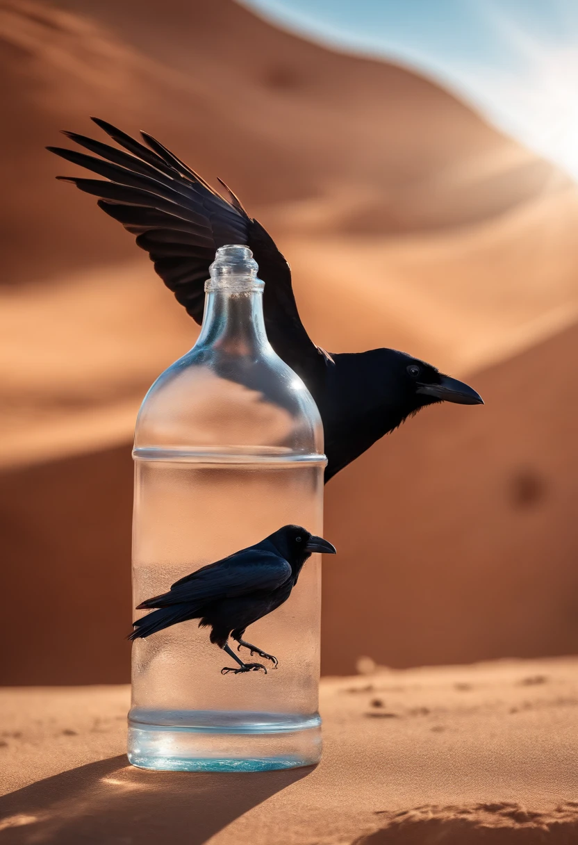 A crow under the scorching sun in the desert flying low finds a medium-sized transparent glass bottle with half of it filled with water, 8k hd