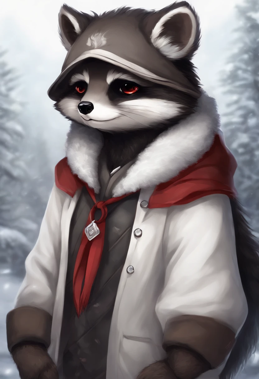 Anime raccoon with white skin and black sclera red eyes wearing a scarf, Retrato de personagem peludo, guaxinim anime, arte peluda muito bonita, anime raposa branca, arte digital peluda, Arte peluda!!!, anthropomorphic raccoon ninja, anime peludo, Arte digital de Danganronpa, personagem peludo, visual anime de um guaxinim bonito, Arte peluda, arte detalhada do personagem de anime, pelagem branca, iluminado