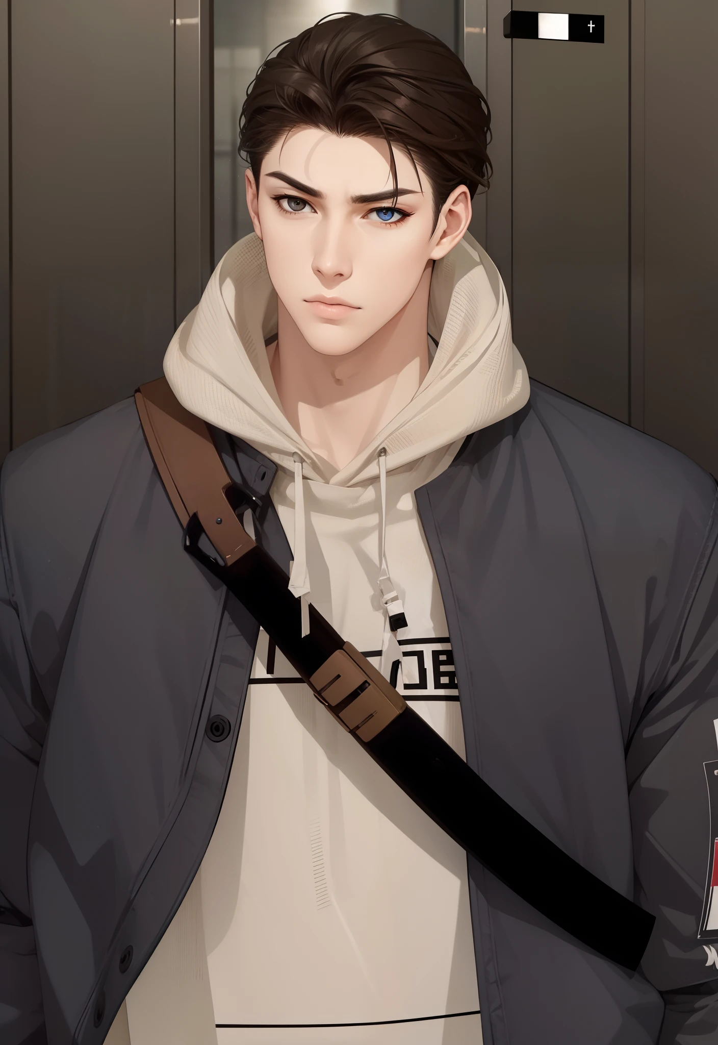 slanted eyes, brown pupil, serious expression,