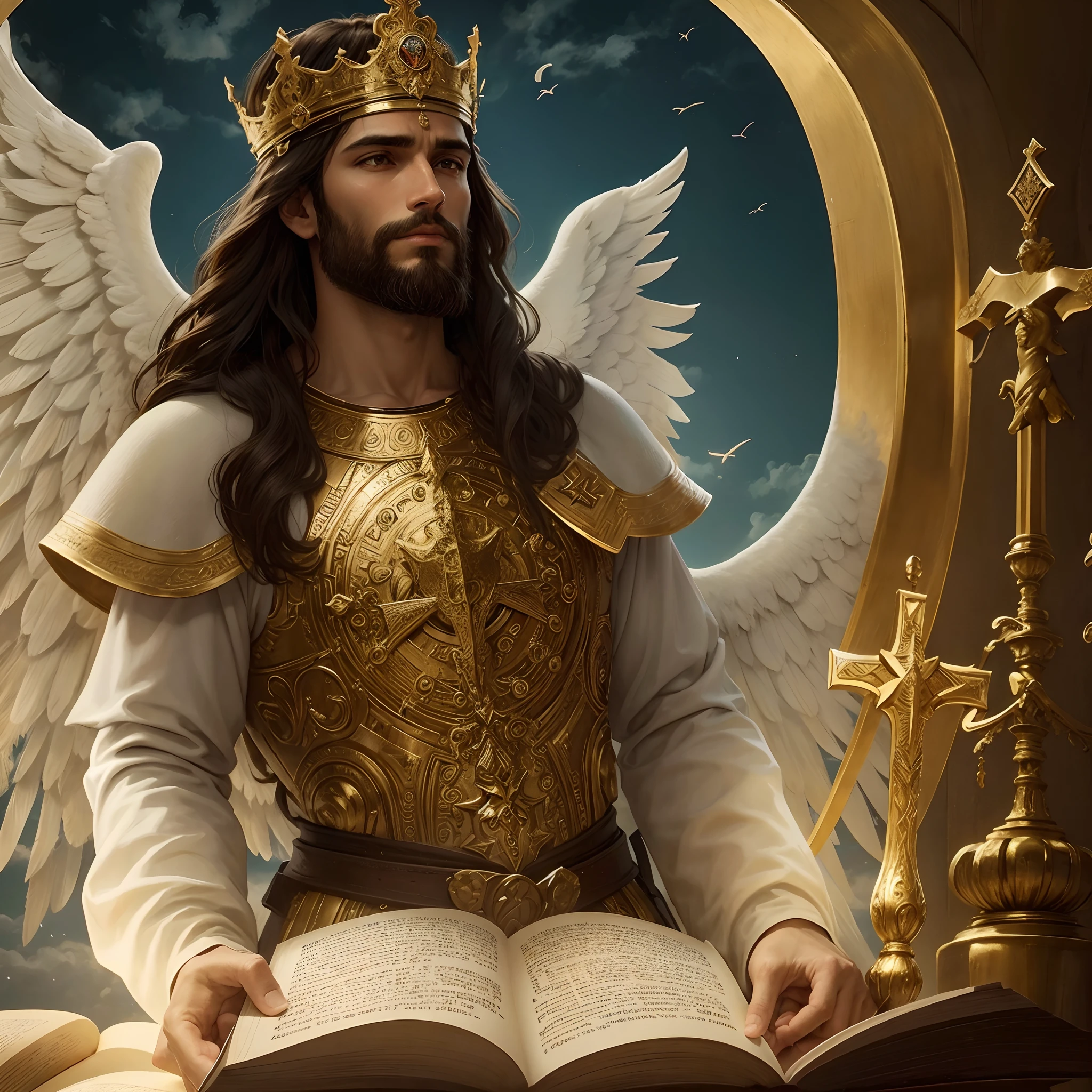 Jesus reading a book with wings in heaven, Rei dos Reis, Jovem Deus Todo-Poderoso, O Deus Imperador da Humanidade, Jesus Cristo, bible illustration, imagens sagradas, O Senhor e Salvador, sentou-se em seu trono, Retrato de um Deus Celestial, imagens religiosas, deus divino, muitas coroas!! upon his head, imagem do avatar, deus imperador, Segunda vinda, KING of Heaven, sem asas, nao tem asas;