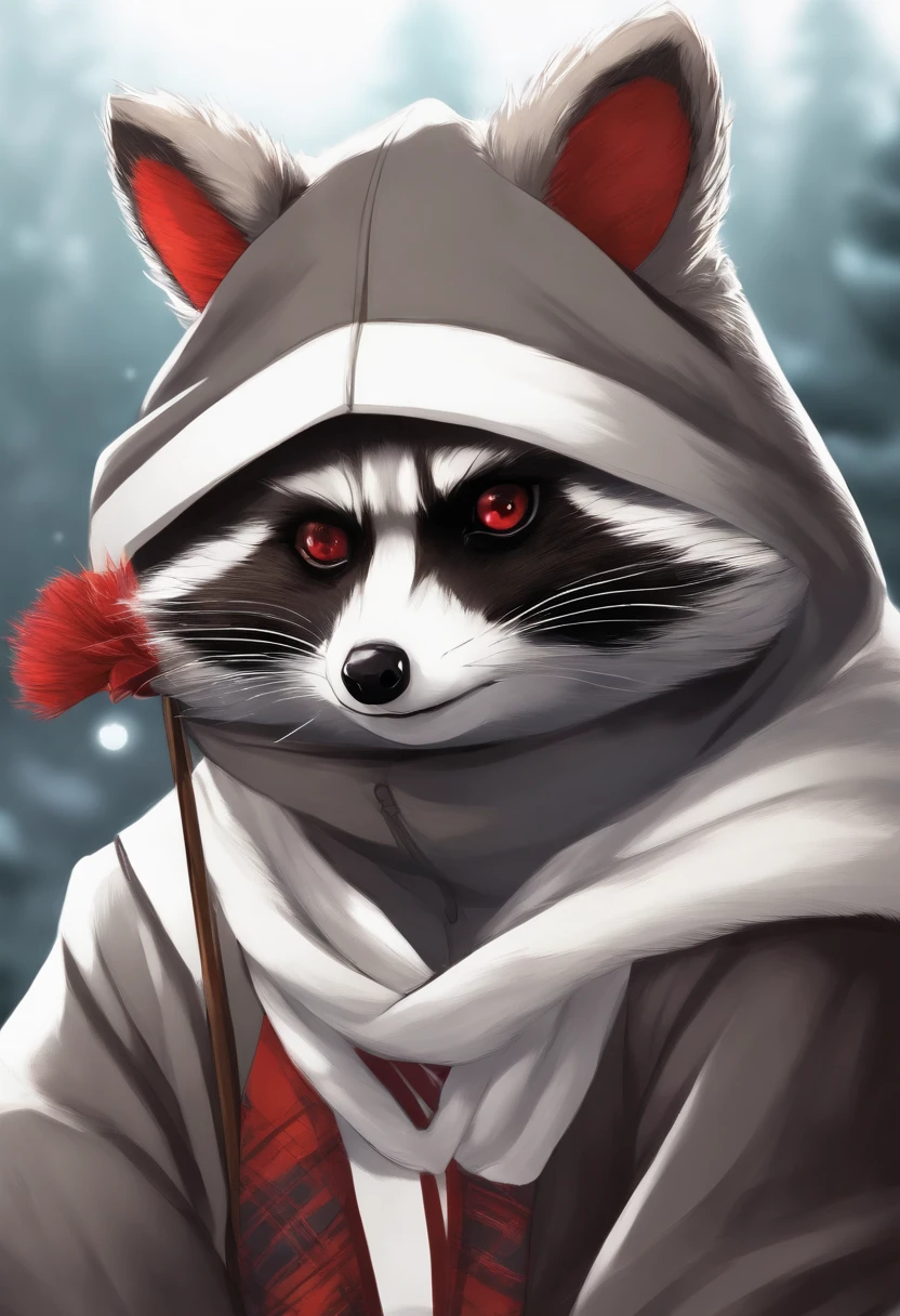 Anime raccoon with white skin and black sclera red eyes wearing a scarf, Retrato de personagem peludo, guaxinim anime, arte peluda muito bonita, anime raposa branca, arte digital peluda, Arte peluda!!!, anthropomorphic raccoon ninja, anime peludo, Arte digital de Danganronpa, personagem peludo, visual anime de um guaxinim bonito, Arte peluda, arte detalhada do personagem de anime, pelagem branca, iluminado, cores frias, cabelo branco