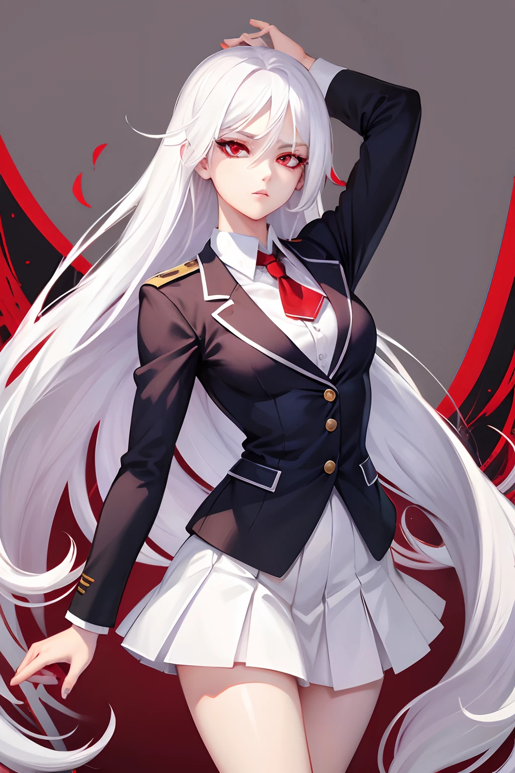 white hair, red eyes, woman, school uniform, jojo pose, white hair, red eyes, long hair