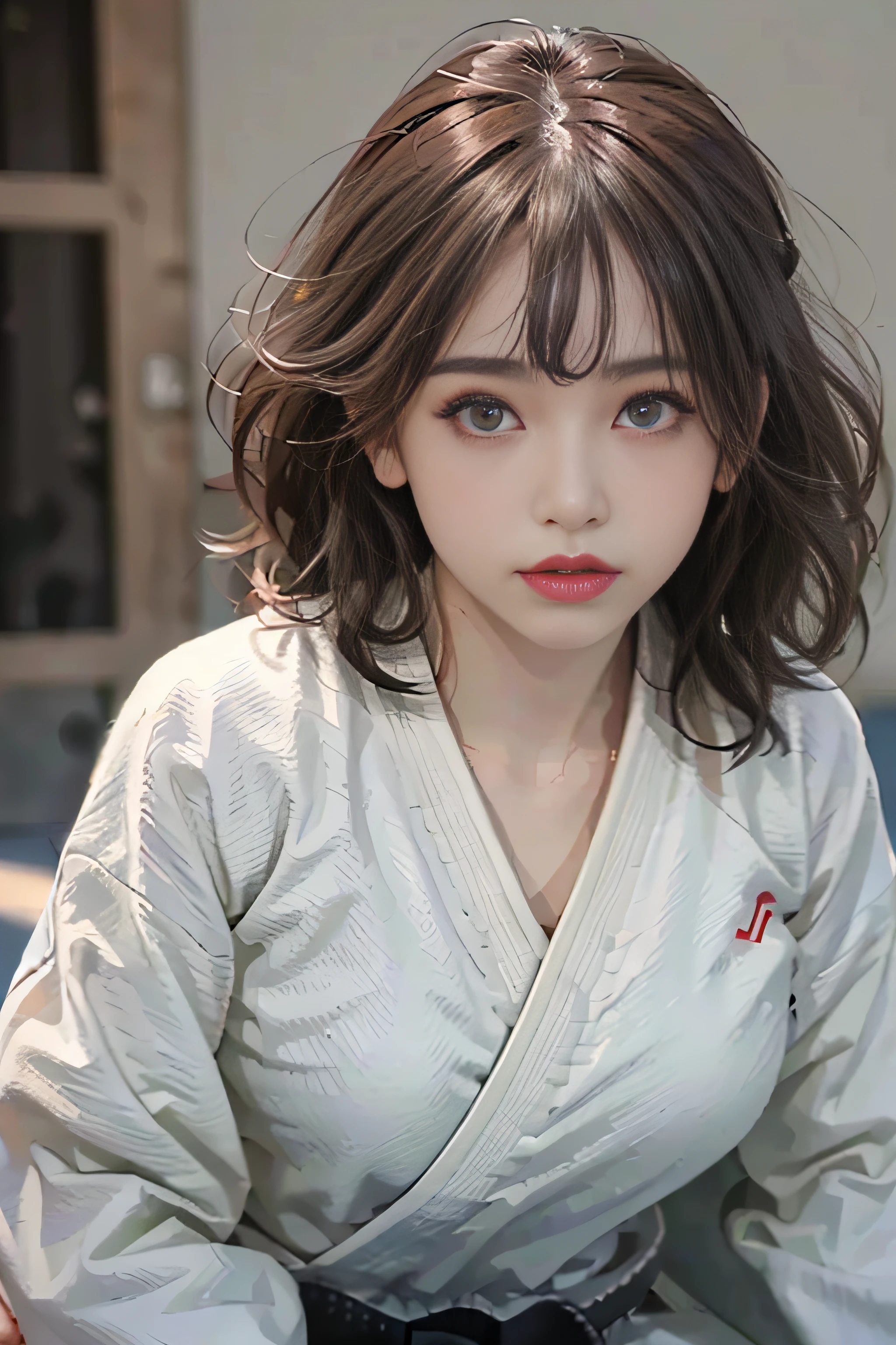 top-quality、masterpiece、超A high resolution、(Photorealsitic:1.4)、Raw photo、1girl in、glowy skin、A dark-haired、((super realistic details))、portlate、globalillumination、Shadow、octan render、8K、ultrasharp、((delicate body shape))、(((Pure white judogi:1.4)))、(((Black band:1.4)))、((Colossal tits:1.4))、(skin tanned:1.4)、highly intricate detail、Realistic light、Metal shine、CGSoation Trends、(a purple eye:1.4)、(radiant eyes)、Facing the camera、((Martial arts hall:1.4))、((Judo matches:1.4))、 (Photo from the front:1.4)、jumpy、