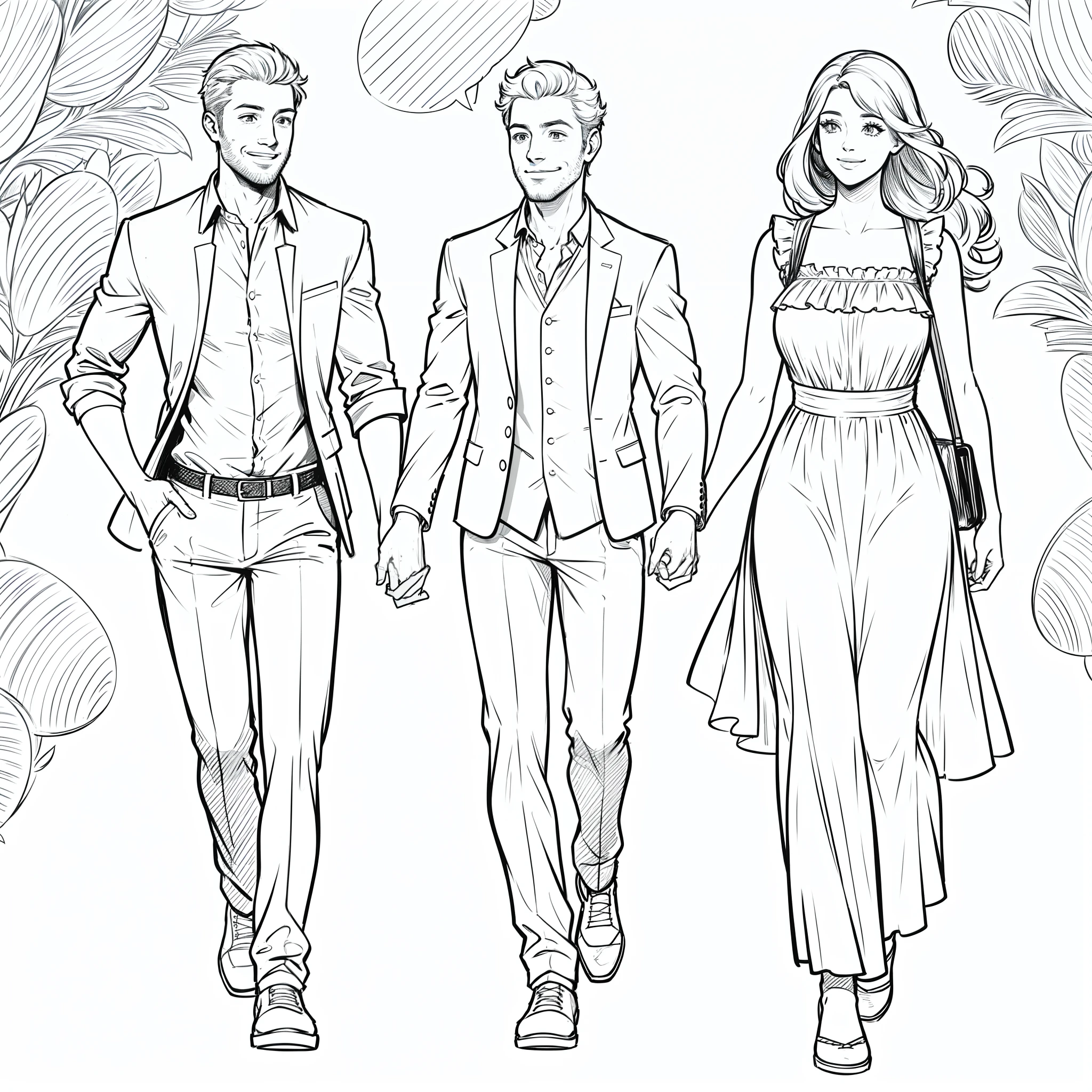 Sketch of a happy man and woman walking hand in hand (roupas casuais ) , line-art digital