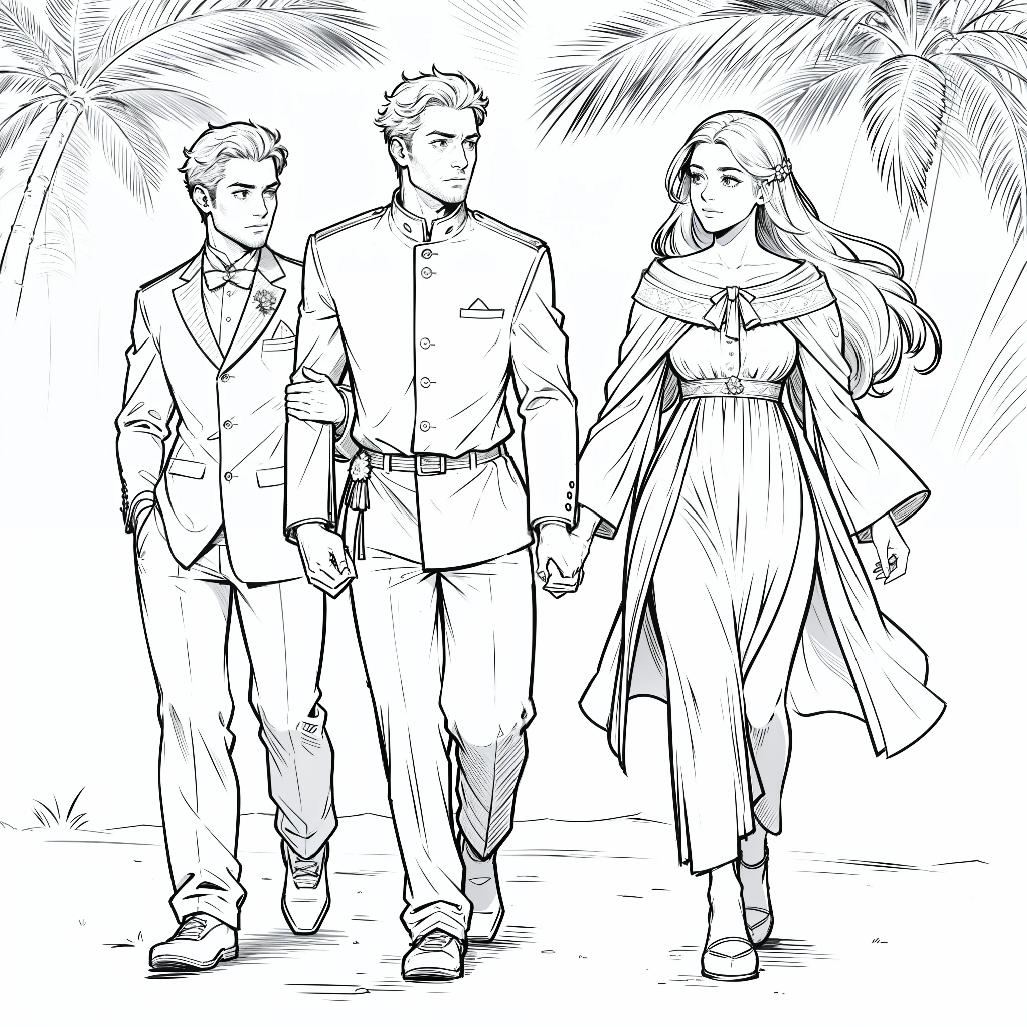 Sketch of a man and a woman walking hand in hand , line-art digital