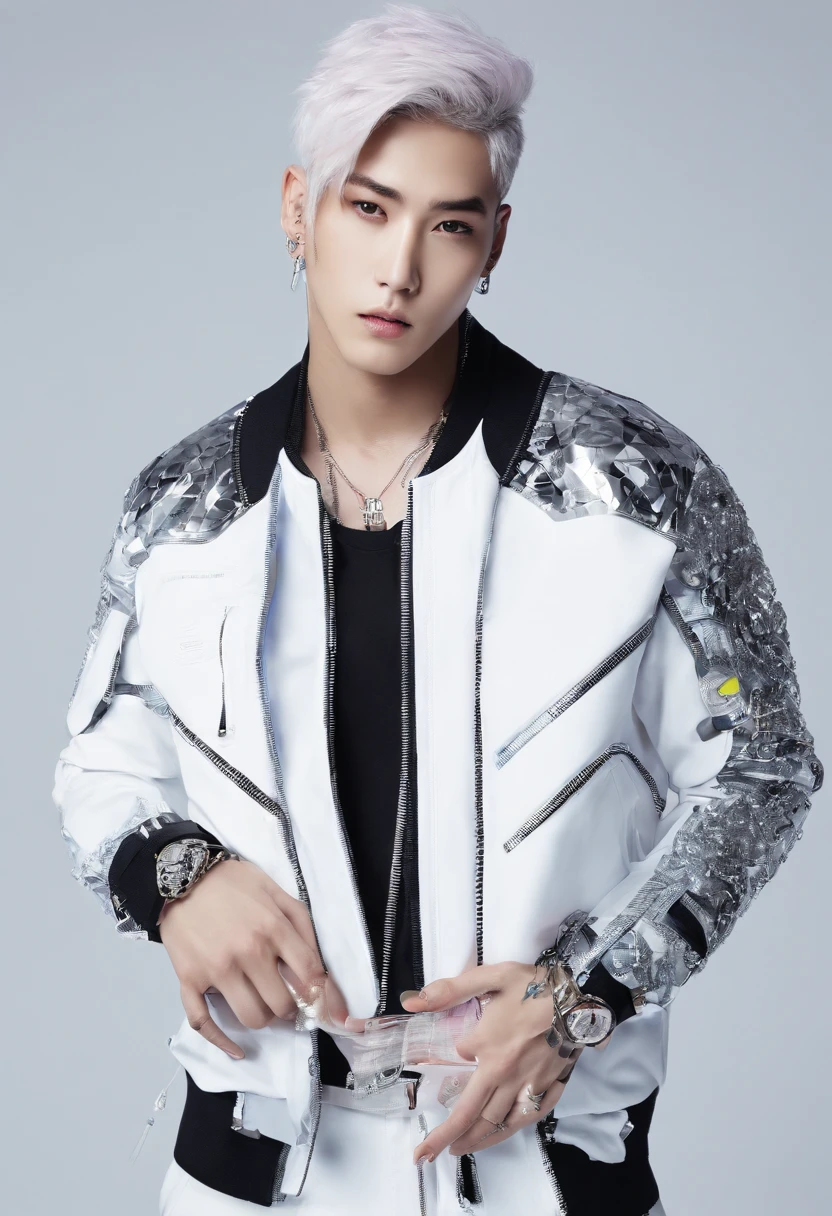 handsome kpop faceHifh detail kpop boy, with gemini sign tattoo, chains, slim body, fade cut white hair with white neon streaks , eyeballs blue eyes, straight up serious pose, big sized white jogging pants, cool open jacket, small body, stretching, happy face with fangs, black and white background