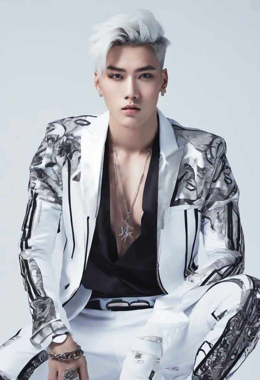 handsome kpop faceHifh detail kpop boy, with gemini sign tattoo, chains, slim body, fade cut white hair with white neon streaks , eyeballs blue eyes, straight up serious pose, big sized white jogging pants, cool open jacket, small body, stretching, happy face with fangs, black and white background