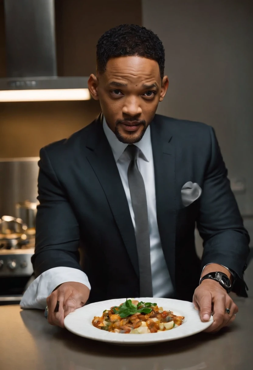 Imagina a Will Smith como el Hombre de Negro, with his iconic black suit (saco y corbata negro) y gafas de sol, parado en medio de una cocina extraterrestre futurista. The kitchen is full of alien devices and utensils, con luces parpadeantes y superficies brillantes.
En la mano de Will Smith, Holds a plate uniquely, claramente de origen extraterrestre, which seems to float in the air due to advanced kitchen technology. The board is empty, pero emite un brillo misterioso y futurista.
The Man in Black has an intrigued expression on his face as he looks at the plate......, como si estuviera a punto de recibir algo sorprendente de origen desconocido. Alien lights and futuristic colors of the kitchen create an intriguing and suspenseful atmosphere in the scene...........
This image captures the essence of the intrigue and mystery that characterize the film series........... "Hombres de negro" and introduces Will Smith to a truly alien environment, XF IQ4, 150MP, 50mm, ISO 1000, 1/250s, luz natural, Adobe Lightroom, Photo Lab, Foto de afinidad, PhotoDirector 365