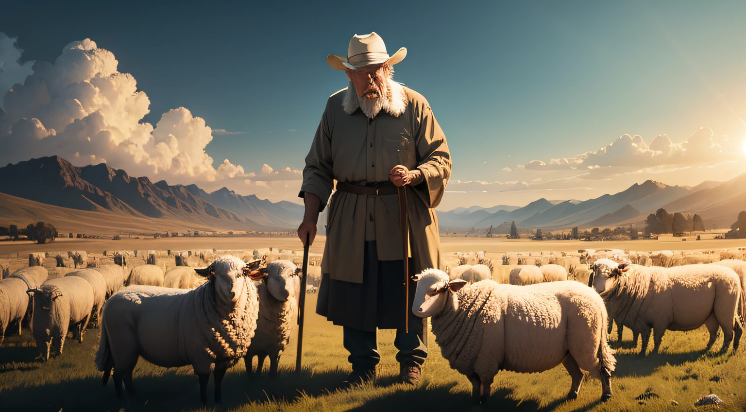 elderly man taking care of sheep in the middle of pasture, biblical art style, epic, abstract, in the background vast pasture with illuminated sun, insert figure of an elderly man taking care of cattle and worshiping God