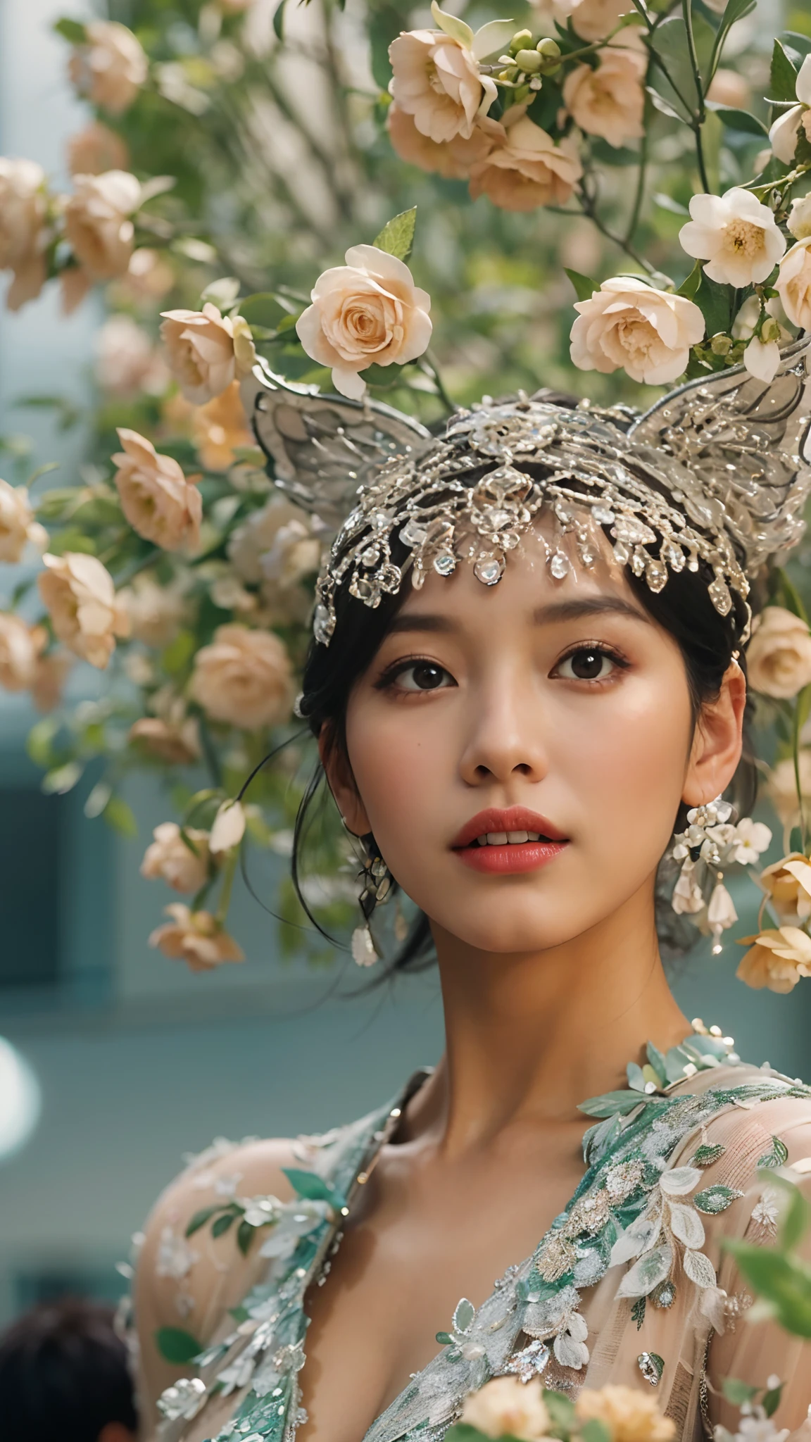 estilo do filme de arte fina, vestindo roupas extremamente elegantes de diamantes, uma mulher extremamente bonita, Anos 1990 ao estilo de Hong Kong, muitas flores explodindo, SMC Pentax 75mm F2.8f, hyper realistic, 32k