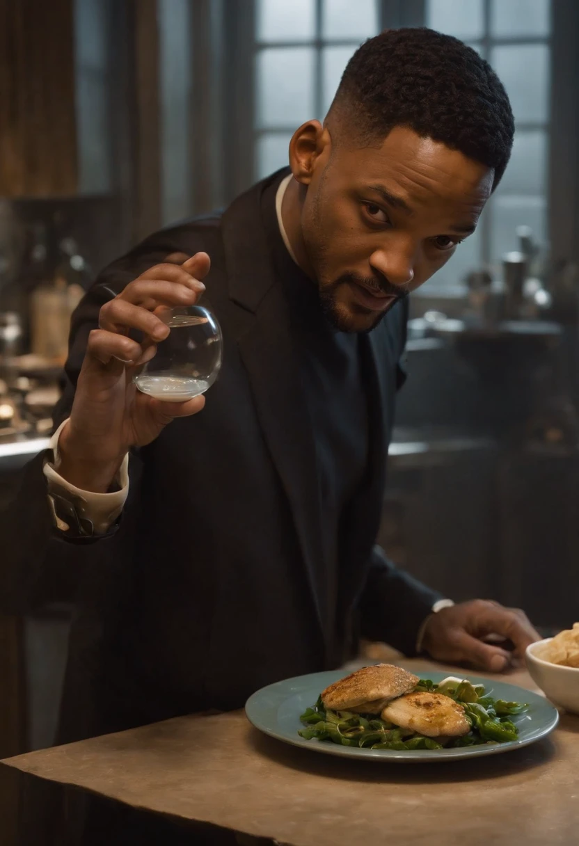 Imagina a Will Smith como el Hombre de Negro, with his iconic black suit (saco y corbata negro) y gafas de sol, parado en medio de una cocina extraterrestre futurista. The kitchen is full of alien devices and utensils, con luces parpadeantes y superficies brillantes.
En la mano de Will Smith, Holds a plate uniquely, claramente de origen extraterrestre, which seems to float in the air due to advanced kitchen technology. The board is empty, pero emite un brillo misterioso y futurista.
The Man in Black has an intrigued expression on his face as he looks at the plate......., como si estuviera a punto de recibir algo sorprendente de origen desconocido. Alien lights and futuristic colors of the kitchen create an intriguing and suspenseful atmosphere in the scene.............
This image captures the essence of the intrigue and mystery that characterize the film series............. "Hombres de negro" and introduces Will Smith to a truly alien environment, XF IQ4, 150MP, 50mm, ISO 1000, 1/250s, luz natural, Adobe Lightroom, Photo Lab, Foto de afinidad, PhotoDirector 365
