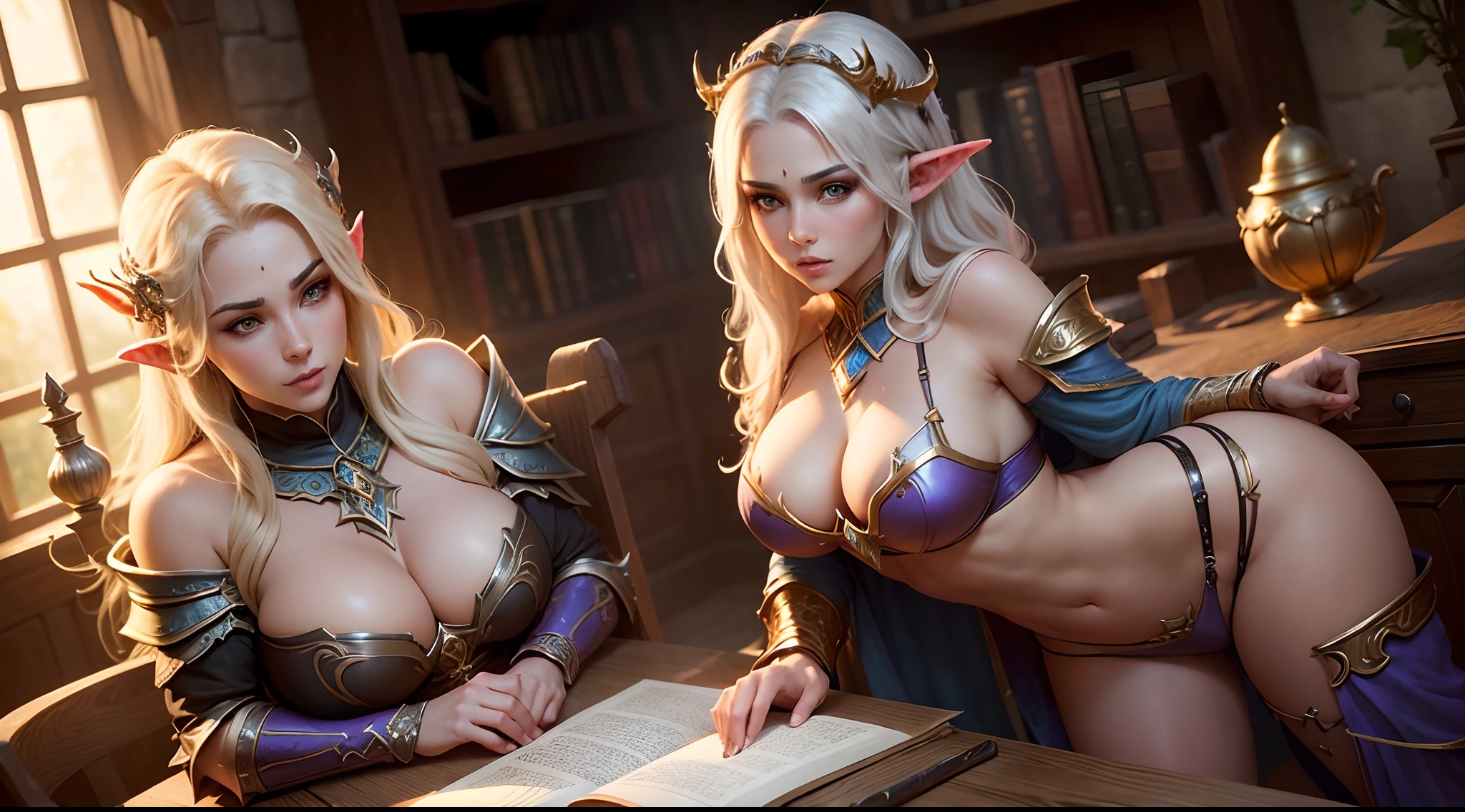 a beautiful elven woman with a warcraft inspired mage armor, scantily clad, with attractive midriff, in a magical study, seductive and with a slightly chubby, soft body with creamy skin