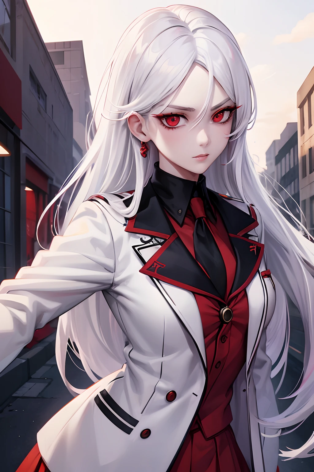 white hair, red eyes, woman, school uniform, jojo pose, white hair, red eyes, long hair