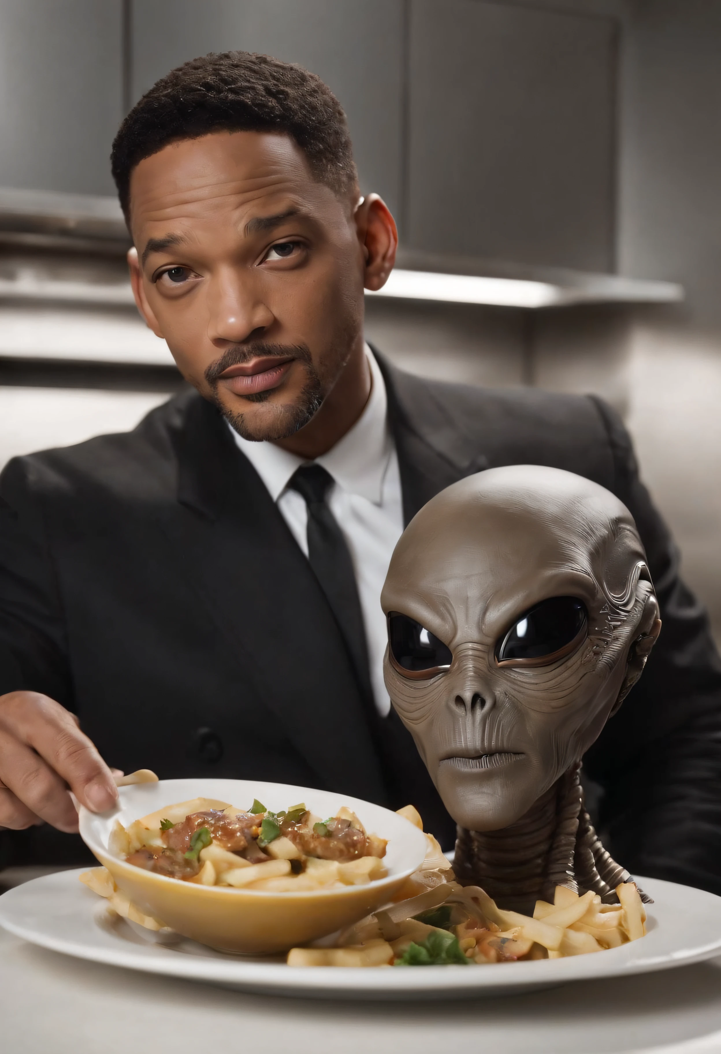 Imagina a Will Smith como el Hombre de Negro, with his iconic black suit and sunglasses, parado en medio de una cocina extraterrestre futurista. The kitchen is full of alien devices and utensils, con luces parpadeantes y superficies brillantes.
En la mano de Will Smith, Holds a plate uniquely, claramente de origen extraterrestre, which seems to float in the air due to advanced kitchen technology. The board is empty, pero emite un brillo misterioso y futurista.
The Man in Black has an intrigued expression on his face as he looks at the plate.., como si estuviera a punto de recibir algo sorprendente de origen desconocido. Alien lights and futuristic colors of the kitchen create an intriguing and suspenseful atmosphere in the scene...
This image captures the essence of the intrigue and mystery that characterize the film series... "Hombres de negro" and introduces Will Smith in a truly alien environment, XF IQ4, 150MP, 50mm, ISO 1000, 1/250s, luz natural, Adobe Lightroom, Photo Lab, Foto de afinidad, PhotoDirector 365