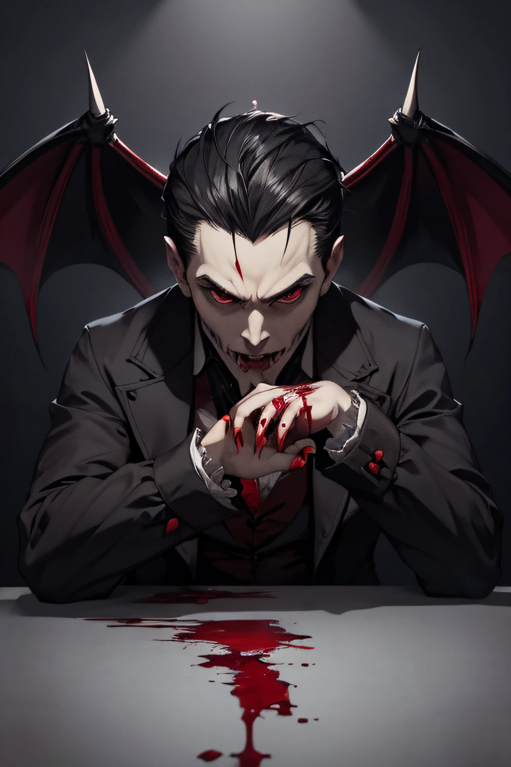 create Dracula, dark, red eyes, claws showing, partially torn clothes, 18th century style toothpick, dark background, blood, death, fog, award-winning image, high quality