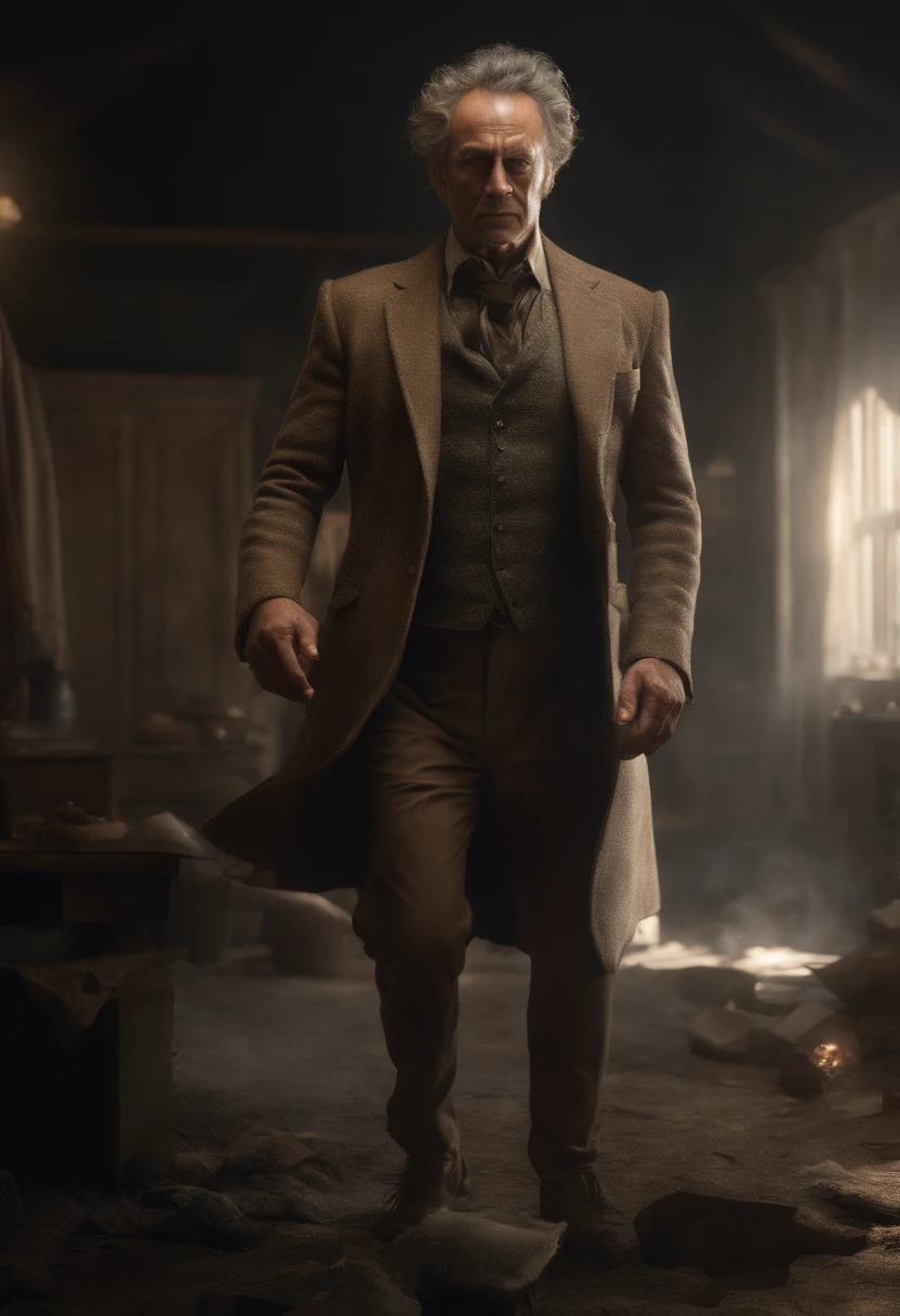 (professional 3d render:1.3) (Realistic:1.3) artwork photo of Nickola Tesla creating the meaning of life ((Epic rough angry look long messy hair and ferocious expression in dynamic pose, Fantastic location, Majestic cluttered environment)), full body 8k unity render, action shot, skin pore, dark lighting, heavy shading, Detailed, Detailed old man face, (vibrant, photograph realistic, Realistic, Dramatic, Dark, Sharp focus, 8K), (Old suit damaged by weathering:1.4), ((((Wear shirt)))), (Intricate:1.4), decadent, (Highly detailed:1.4), Digital painting, rendering by octane, art stations, concept-art, smooth, Sharp focus, illustration, Art germ, (loish:0.23), (Global illumination, Studio light, volumetric light), heavy rain, ,