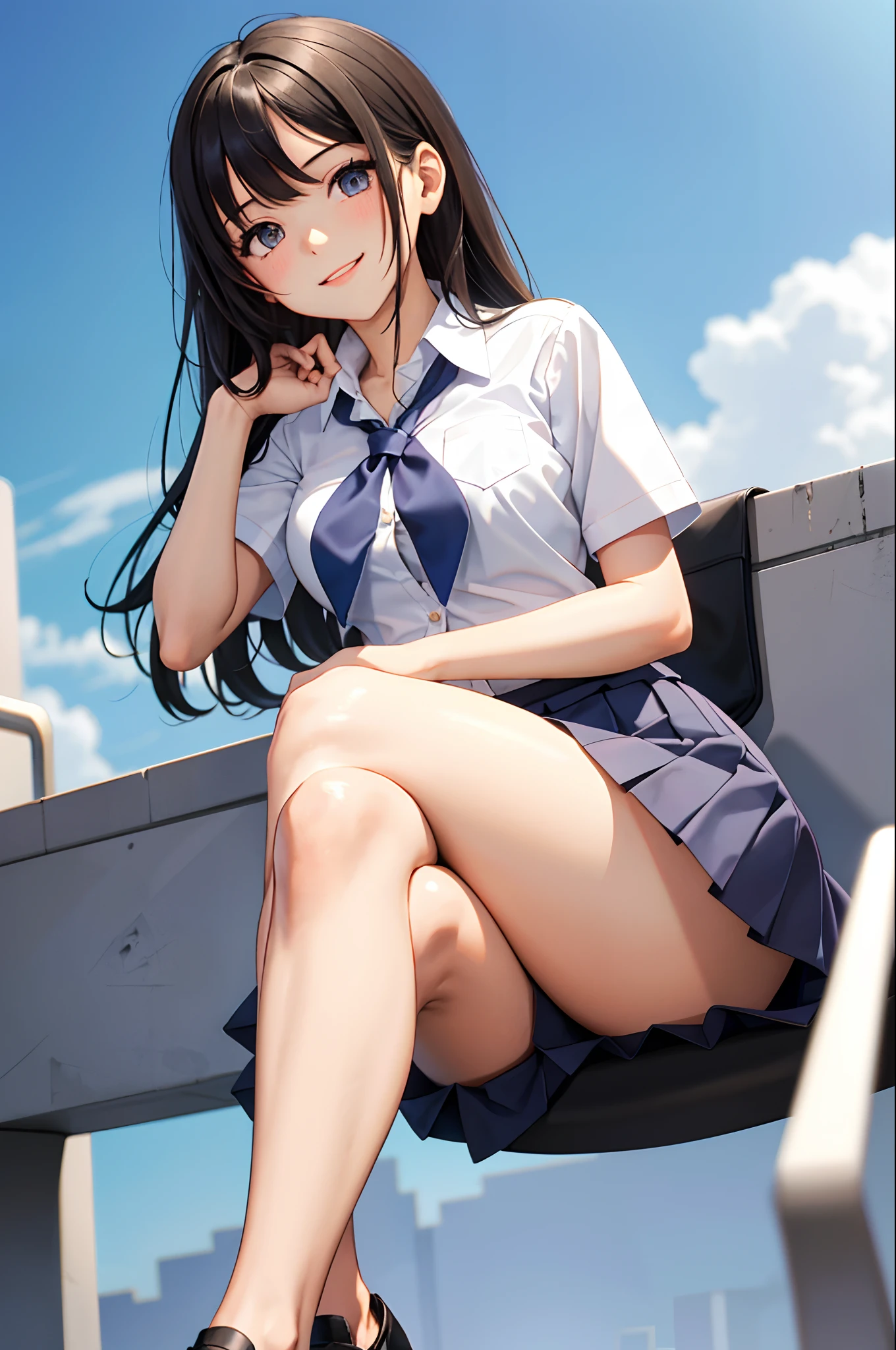 obra maestra, mejor calidad, finamente detallado, 1girl, expressive eyes, perfect face, seductive smile, school uniform, (miniskirt) (crossed legs), sexy thighs, medium breasts