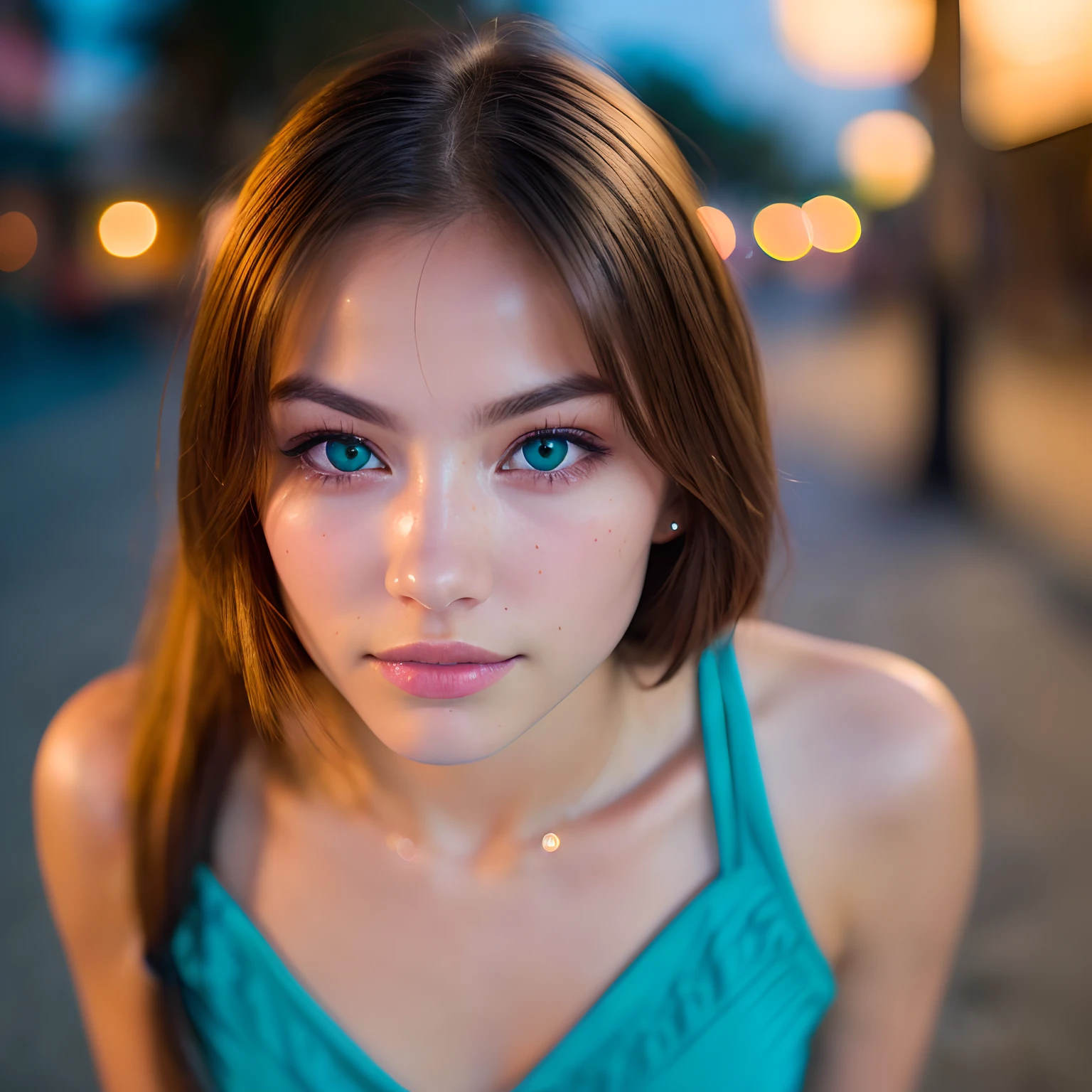 (selfie, top view: 1.4), (straight half of the body: 1.4), RAW UHD portrait photo of a 19-year-old Russian Brunette (Teal-eyed tee!) walking down on the beach, palm trees, (skirt), (neckline), details (textures! , hair! , glitter, color!! , disadvantages: 1.1), glossy eyes with high detail (looking at the camera), Slr lighting, Mirrorless camera, ultra-quality, sharpness, depth of field, film grain (center), (Sony A7R:1.5), (61 megapixels), crystal clear, frame center, beautiful face, sharp focus, street lamp, neon lighting, bokeh (dimly lit), night, (night sky), detailed skin pores, oily skin, sunburn, complex eye details, full body, large breasts, (sexy lips:1.1)
