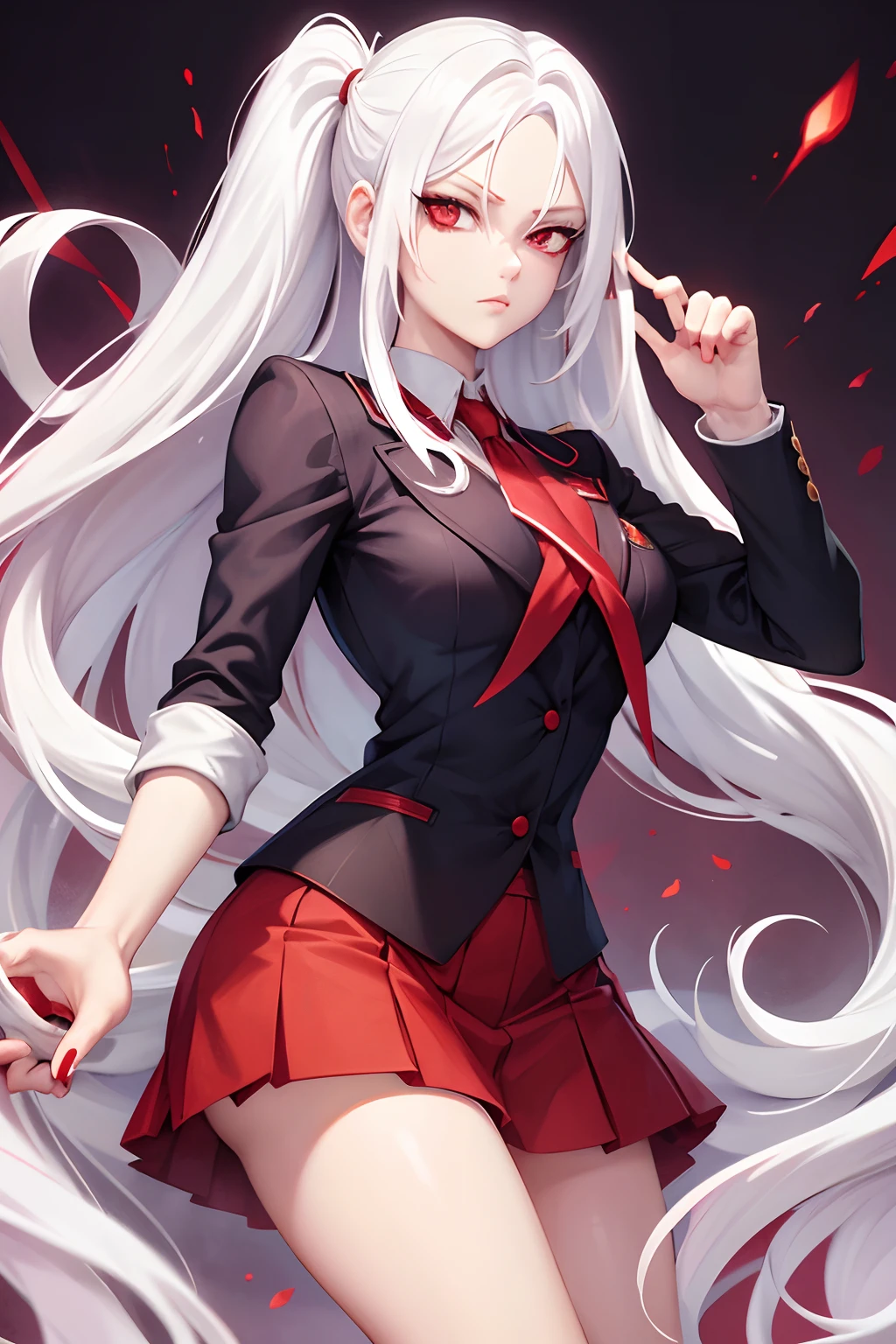 white hair, red eyes, woman, school uniform, jojo pose, white hair, red eyes, long hair