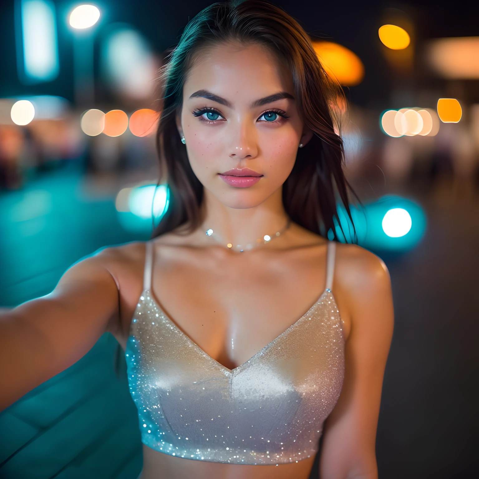 (selfie, top view: 1.4), (straight half of the body: 1.4), RAW UHD portrait photo of a 19-year-old Russian Brunette (Teal-eyed tee!) walking down on the beach, palm trees, (skirt), (neckline), details (textures! , hair! , glitter, color!! , disadvantages: 1.1), glossy eyes with high detail (looking at the camera), Slr lighting, Mirrorless camera, ultra-quality, sharpness, depth of field, film grain (center), (Sony A7R:1.5), (61 megapixels), crystal clear, frame center, beautiful face, sharp focus, street lamp, neon lighting, bokeh (dimly lit), night, (night sky), detailed skin pores, oily skin, sunburn, complex eye details, full body, large breasts, (sexy lips:1.1)