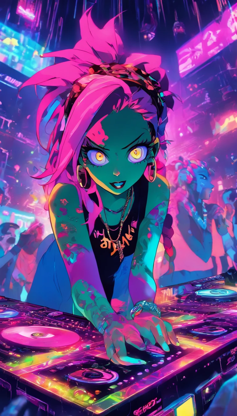 Upper body, Female zombie DJ, Look at the crowd,Tattooed with,purple eyes,White hair, Quirky, Vibrant appearance, Playful accessories, Bright colors,Creative behavior, Rambled, Sensual, Spontaneous, DJ headphones, ((Mixing Console)), glitchpunk girl, raver girl,Music Clubs, night club, Independent cinema, People dancing on dance floor background, Underground danceclub, Underground danceclub,night club, Highest quality, Skin texture, Intricate details, (Cinematic lighting), RAW photo, 8K,Psychedelic surrealist art,Surrealist psychedelic design,dream art style,Illusion psychedelic art, Colorful dark vectors,