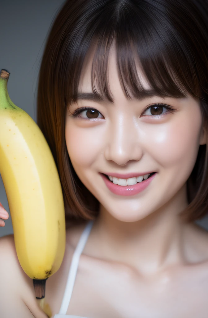 Highly detailed CG Unity 8k wallpaper, top-quality, ultra-detailliert, Realistic, photographrealistic, extremely detailed cute girl, 27yo, small tits ,(Chew a peeled banana),cleavage, Round eyes, Sheer with sweat, blush, Smile, Parted lips, FULL BODYSHOT , short-hair,Light Cotton Tank Top