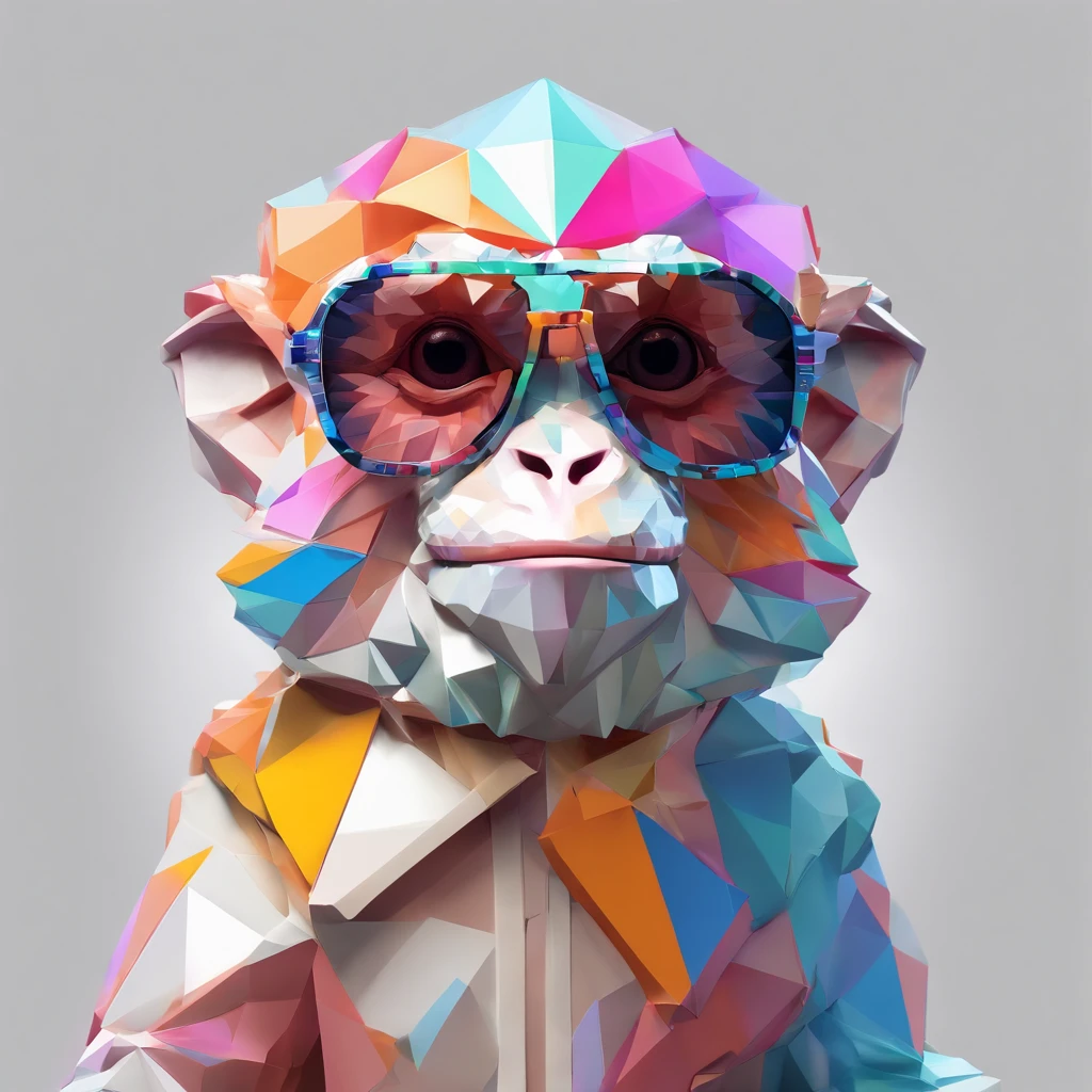 (best quality,8k,highres,masterpiece:1.2),ultra-detailed,(realistic,photorealistic,photo-realistic:1.37), cute little monkey in a jacket, crystal vase, roses, sunglasses-wearing, joyful, standing pose, abstract aesthetic, centered composition, directly looking at the camera, facing the camera head-on, near perfect alignment, dynamic, highly detailed, straightforward, sharp focus, 8K resolution, high resolution, illustration, art by Carne Griffiths and Wadim Kashin, white background, colorful sunglasses