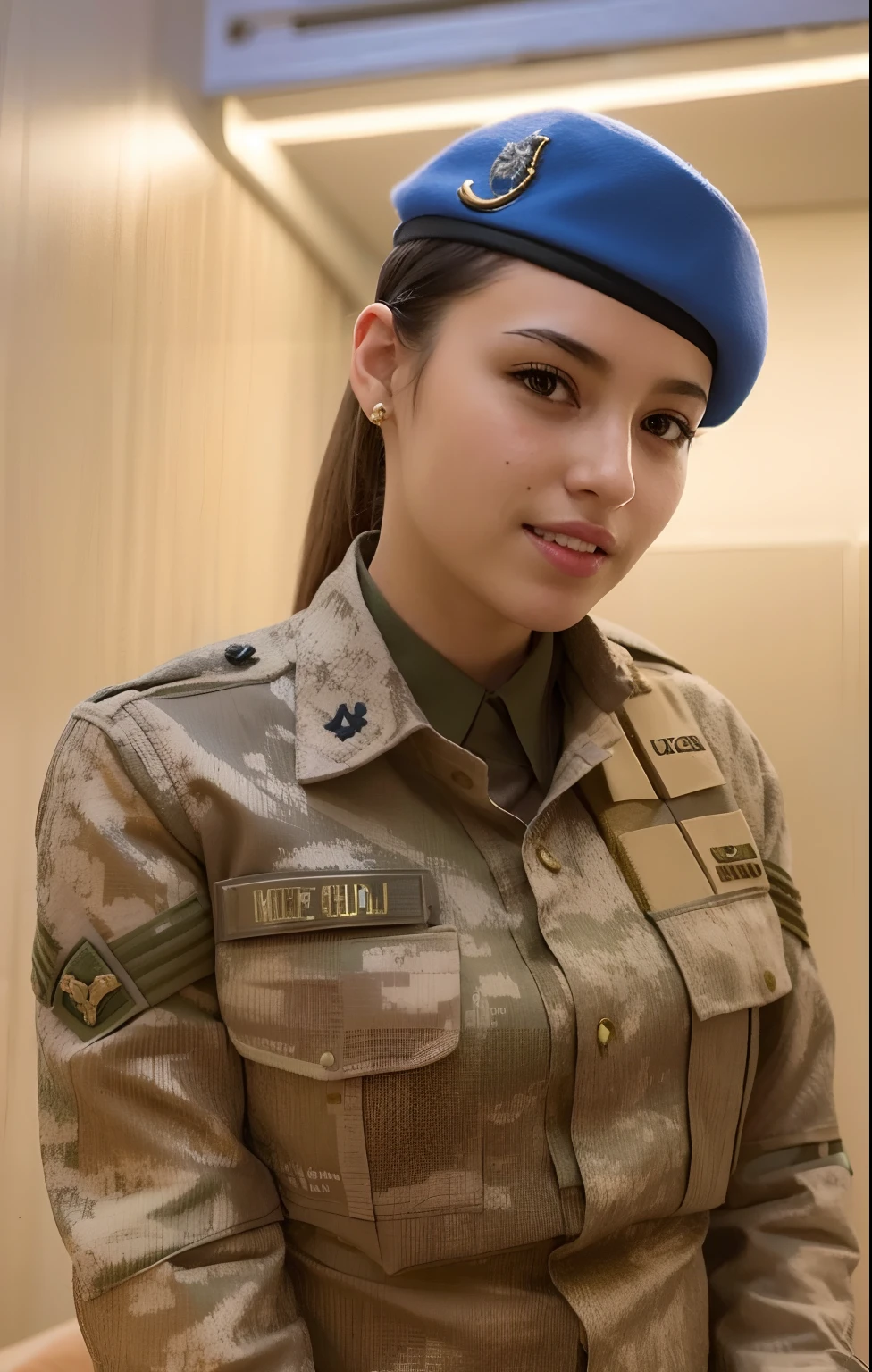 Araffe de uniforme posando para uma foto em um quarto, usando uniforme militar, soldado feminino bonito, em uniforme militar, militar, usando uniforme militar, em uniforme, meninado, em traje militar completo, em uniforme de soldado, menina da inia, vestindo roupa militar, beautiful female, Retrato da menina do soldado,to de uma soldado feminina, soldado