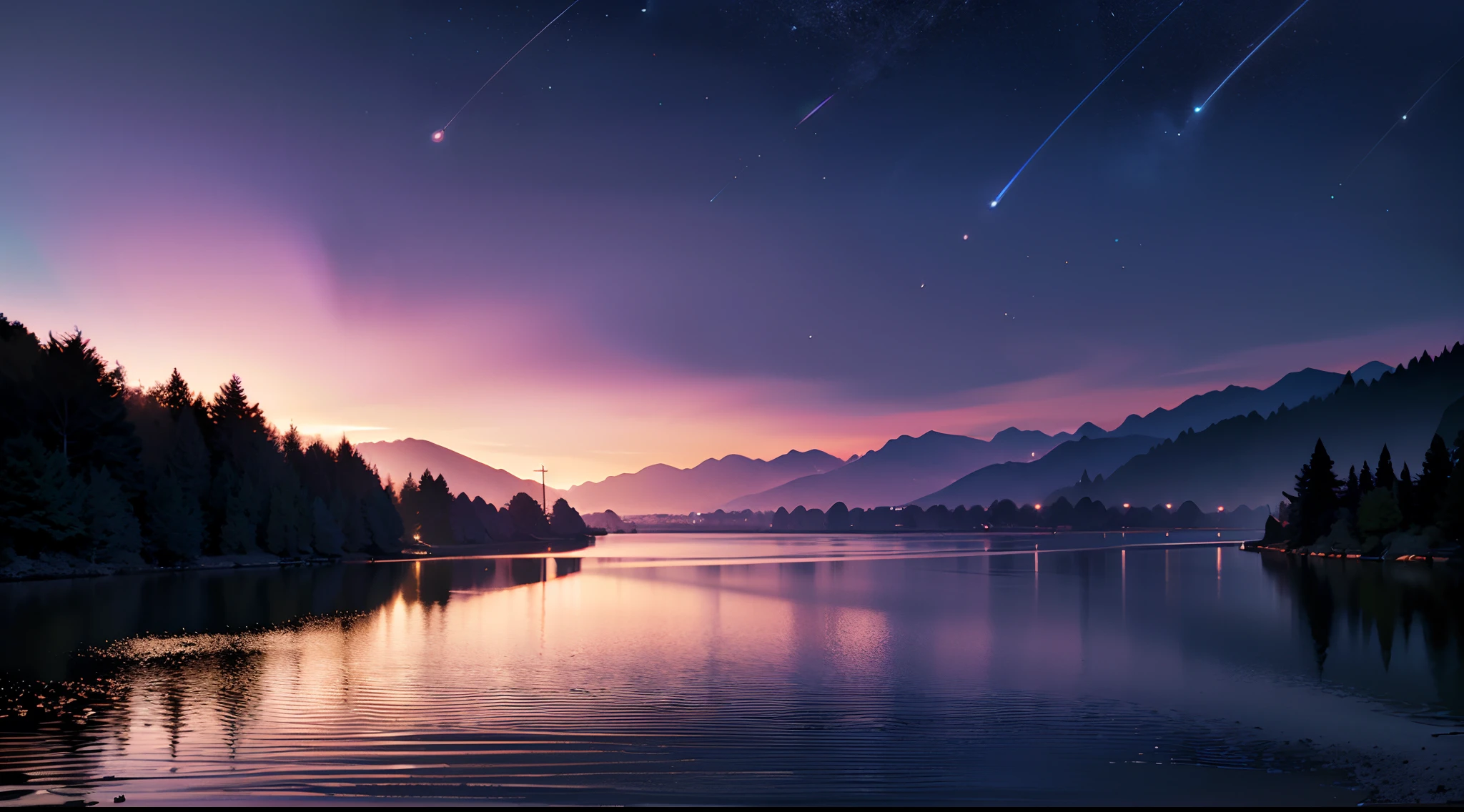 (best quality,4k,8k,highres,masterpiece:1.2),ultra-detailed,(realistic,photorealistic,photo-realistic:1.37),vivid colors,sharp focus,physically-based rendering,serene mood,calming,soft and smooth lighting,reflective lake,purple mountains at night,starry night sky,landscape, flowing rivers,