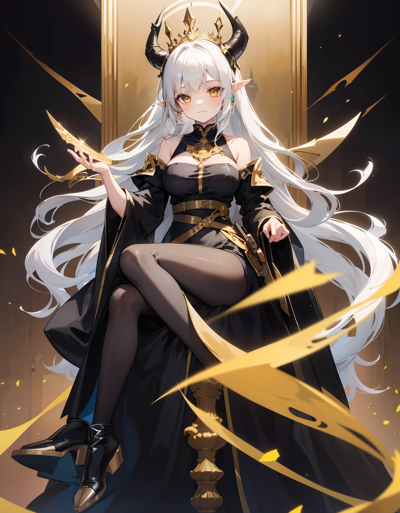 1girl,20 years,solo,happy face,black and golden long dress,medium tits,white hair,long hair,yellow eyes,elves ears, black small horns,pantyhose,Detailed Long Boots,gold tiara,Luxurious Gold Decoration,(((sitting on a throne inside a castle)))