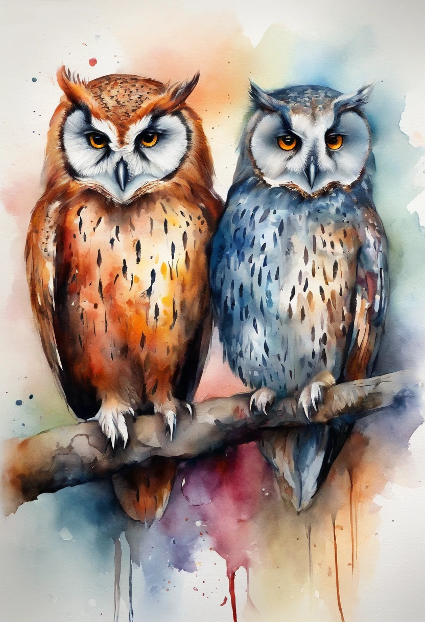 owls、art by、Artistically、3d watercolor abstract,Dark background,High resolution,High quality,Colorful、Hareful、Abstract、colourfull