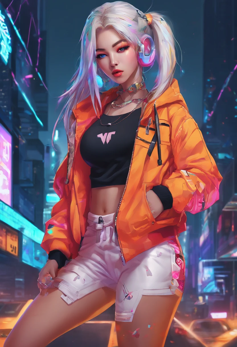 young 18years old kpop faceHifh detail kpop girl, with gemini sign tattoo, chains, tattoos, slim body, long fade cut white hair with white neon streaks , eyeballs blue eyes, straight up serious pose, big sized white jogging pants, cool open jacket, small body, stretching, happy face with fangs, black and white background