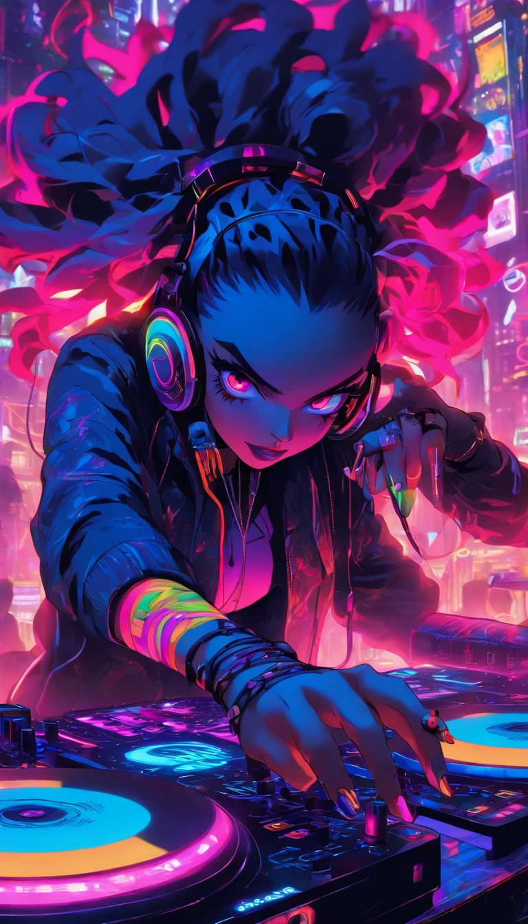 Colorful, hyper-realistic , cyberpunk, Psychedelic vampire female DJ plays dj instruments very crazy, looks intense, unlimited energy, full of passion, expression is so extraordinary, wearing vampire clothes integrated with modern cyberpunk dj costumes, complete with headphones and mic, tattooed cleavage, tattooed arms. DJ musical instruments are so sophisticated, neon cables everywhere, colorful neon cables add a futuristic impression that is so strong, psychedelic, neon wires, colorful, energy, sweat, crowd, epic futurism, crazy, explosive, high_res, very detailed