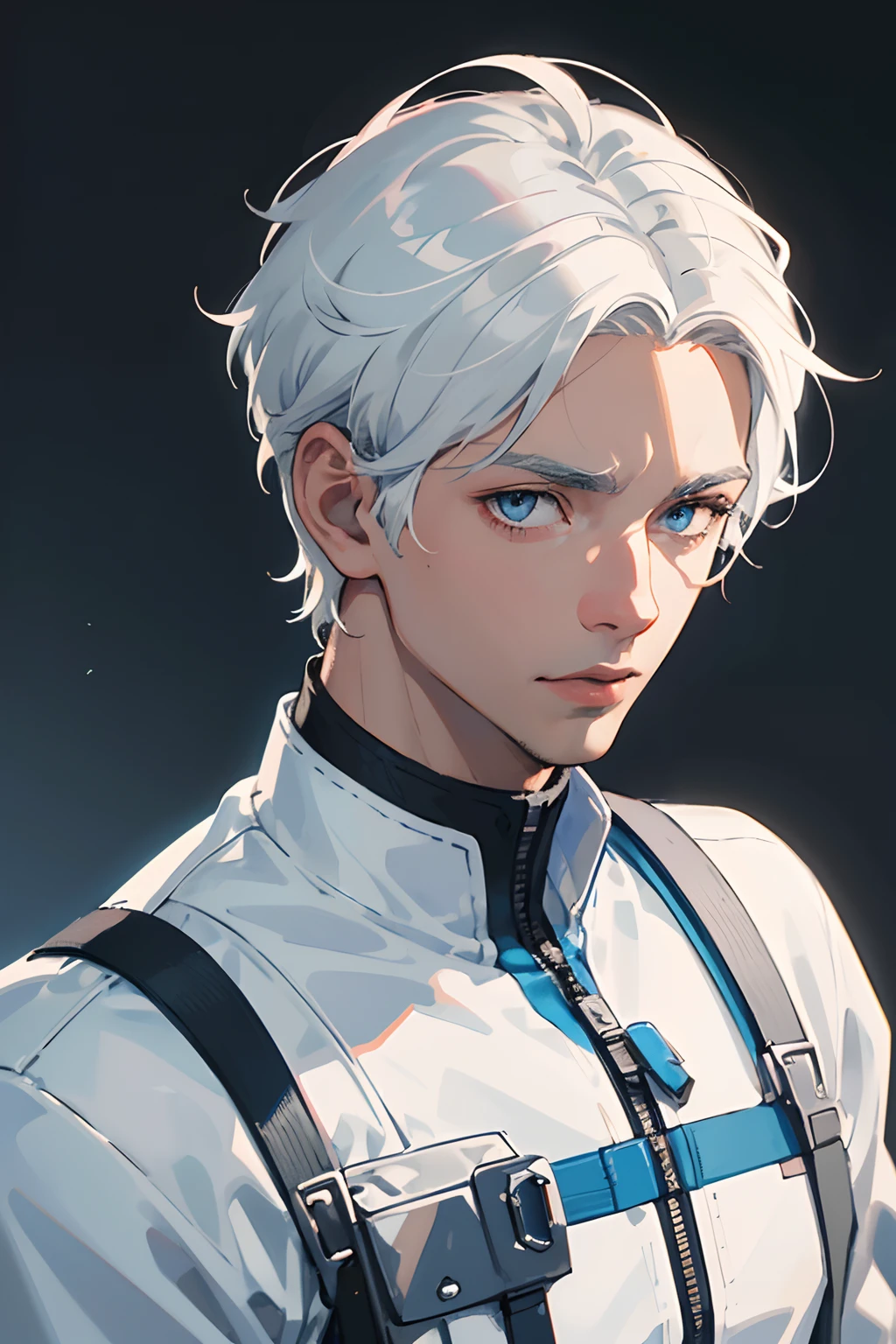 (masterpiece, best illustration, extreme light and shadow), a beautiful man, ((light Skin )) , short hair , blue eyes , white hair , close up shot , wearing a gray jumpsuit , solo Character