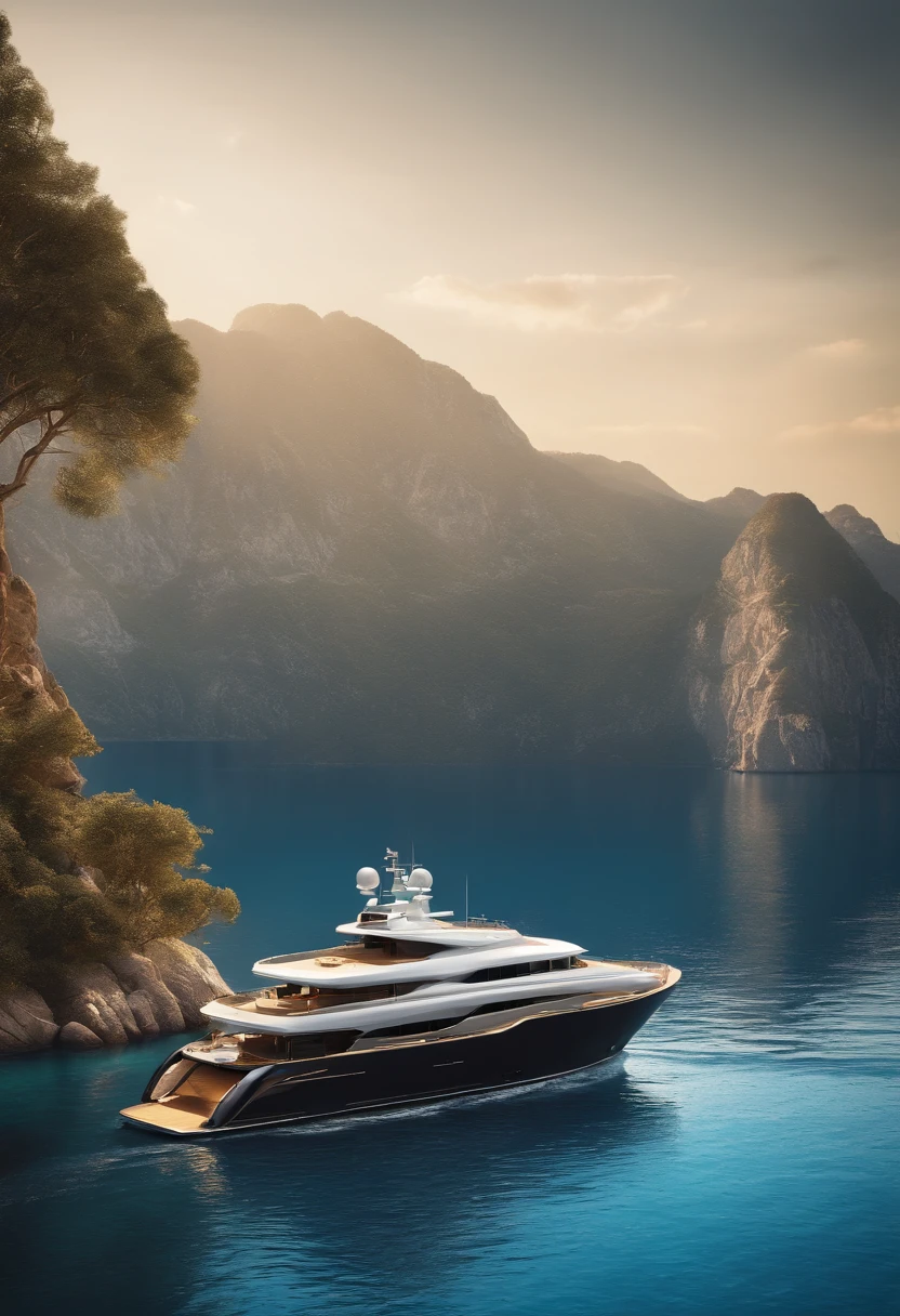 Masterpiece, best quality, (very detailed CG unity 8k wallpaper) (best quality), (best illustration), (best shadows) Nature', blue sea, gold colored luxury yacht, super detailed --v6