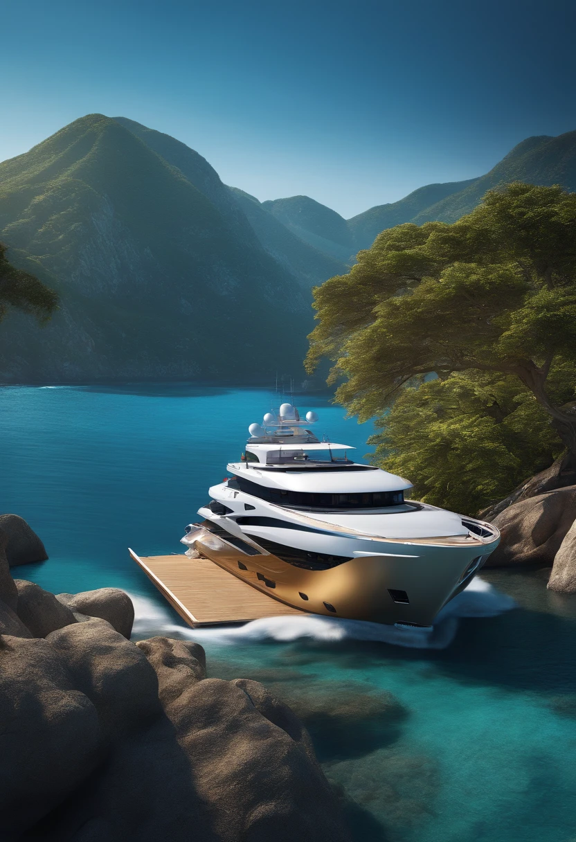 Masterpiece, best quality, (very detailed CG unity 8k wallpaper) (best quality), (best illustration), (best shadows) Nature', blue sea, gold colored luxury yacht, super detailed --v6