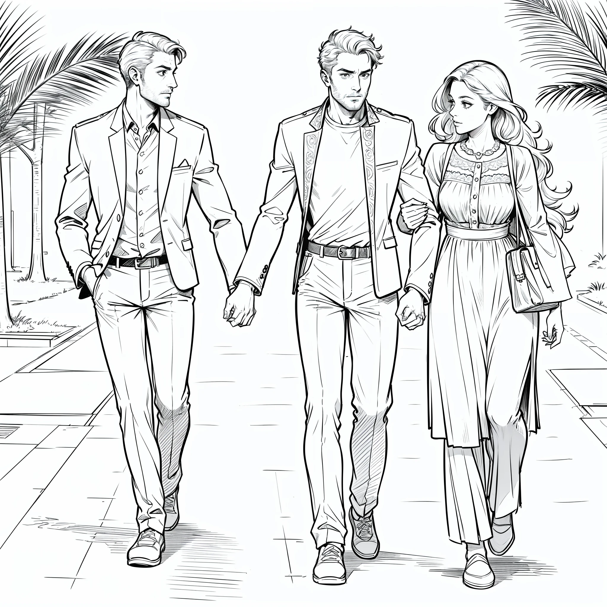 Sketch of a couple ( Man and a woman walking hand in hand) (roupas casuais ) , line-art digital