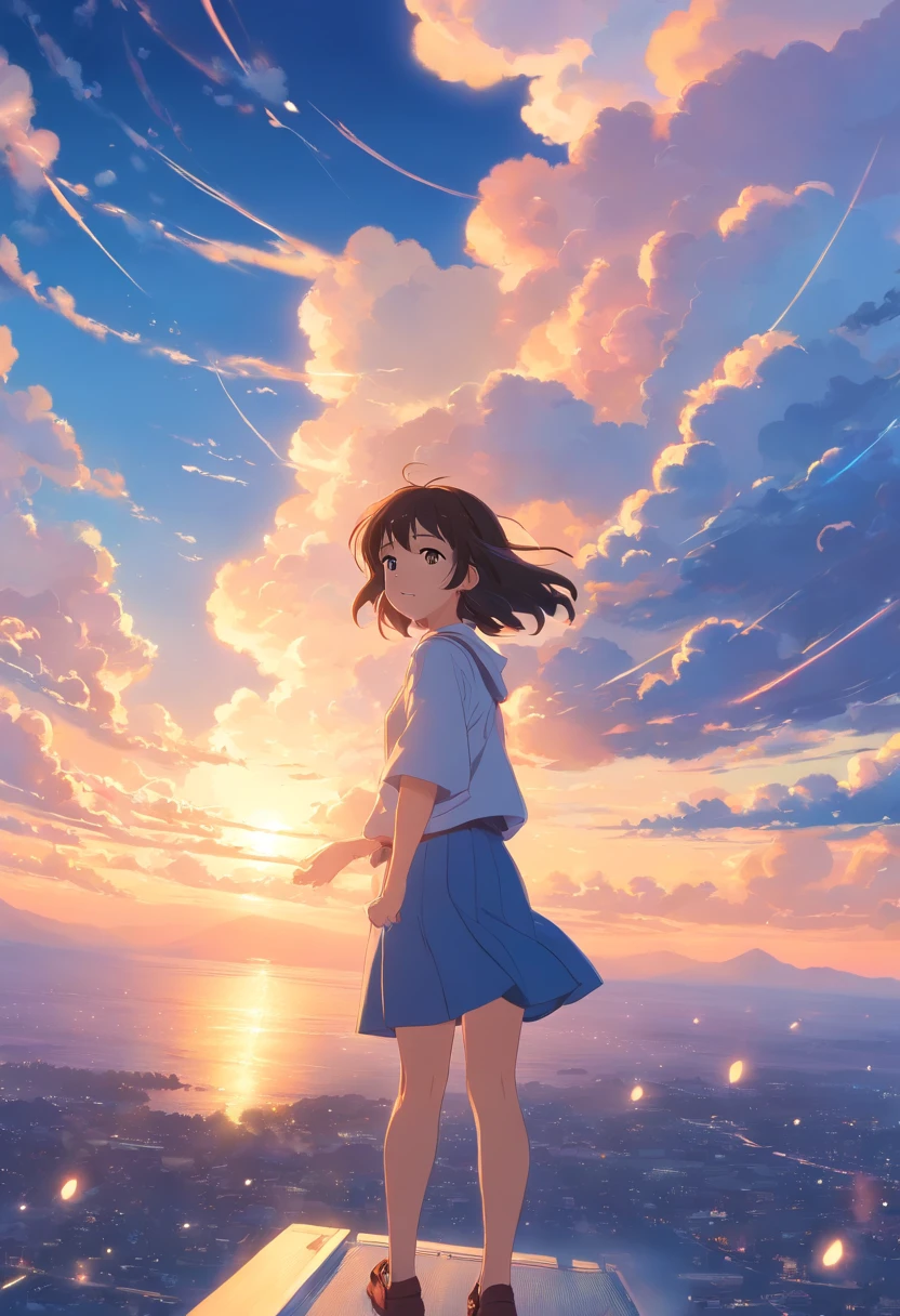 masterpiece, best quality, movie still, 1girl, cloud girl, floating in the sky, close-up, bright, happy, warm soft lighting, sunset, (sparks:0.7)