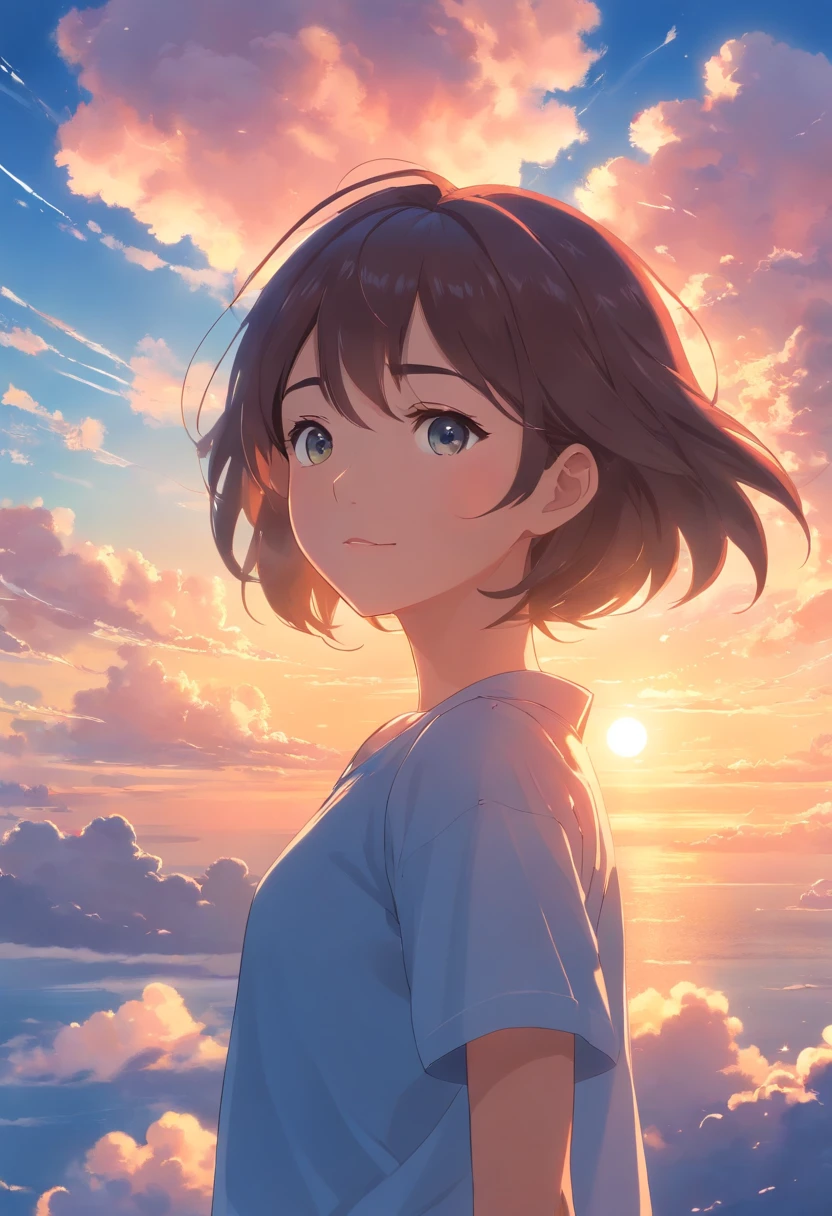 masterpiece, best quality, movie still, 1girl, cloud girl, floating in the sky, close-up, bright, happy, warm soft lighting, sunset, (sparks:0.7)