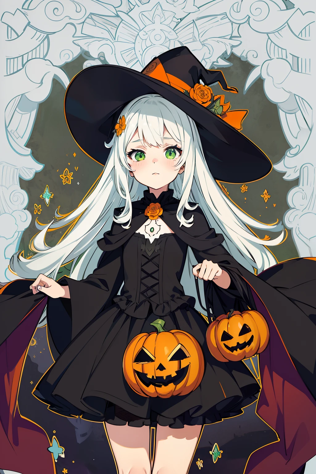 Obra maestra, superlativo, beautiful young witch, feminine , solamente, Halloween cute , flower line drawing background, fondo blanco, monocromo, line drawing, colorido, spooky, super colorido, bonito, cute, Halloween , cores preto laranja e verde,