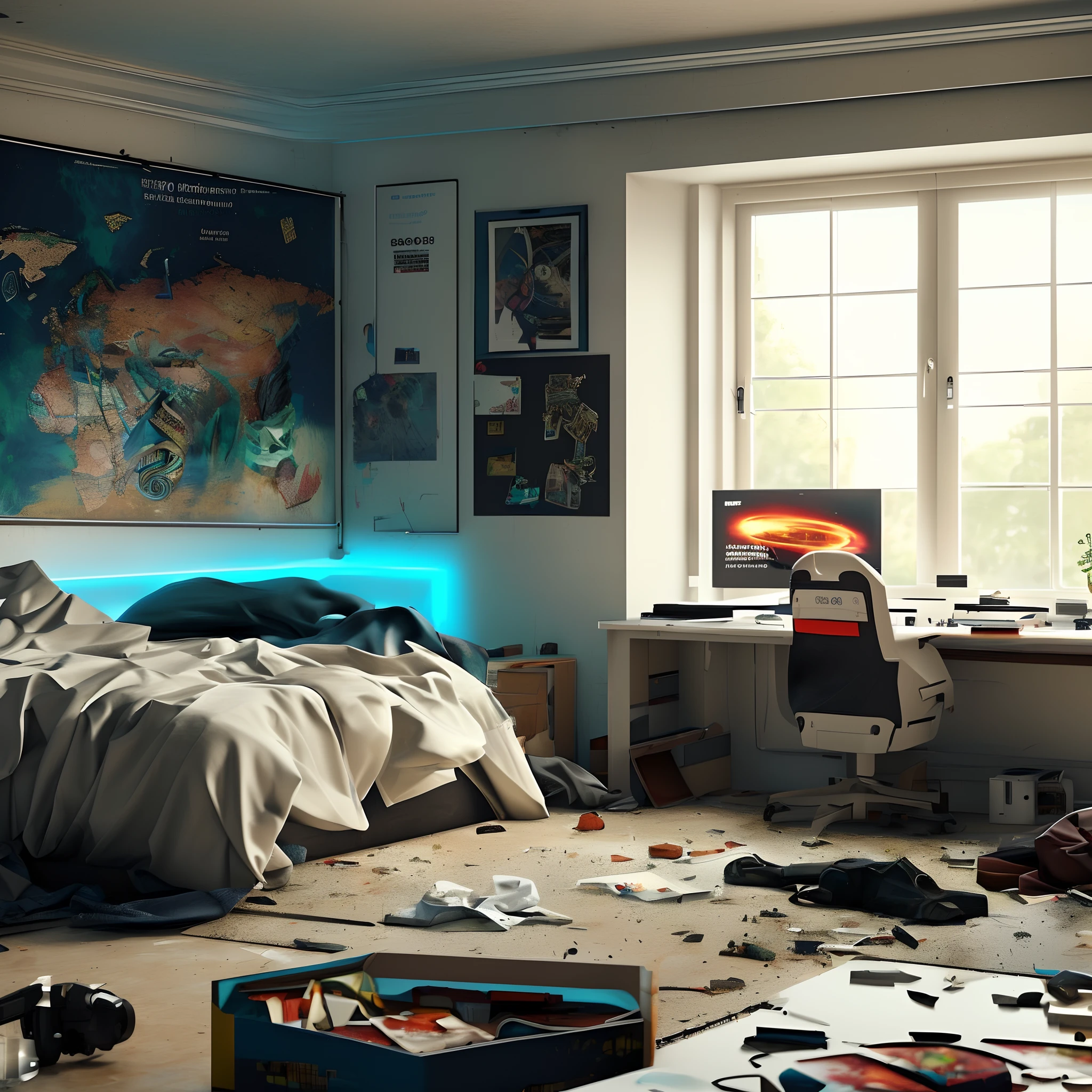 There is a messy room with a bed and a desk, quarto adolescente cyberpunk, Chaotic 's room, Cyberpunk Children's Room, messy room, messy bedroom, quarto fotorrealista, arte conceitual ultra realista, arte conceitual hiperrealista, inside a messy room, Quarto sujo, arte conceitual ultrarrealista, arte conceitual altamente realista, 3 d render bipe, arte conceitual fotorrealista