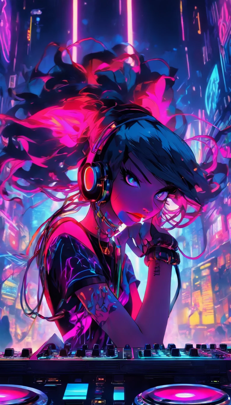 Colorful, hyper-realistic , cyberpunk, Psychedelic vampire female DJ plays dj instruments very crazy, looks intense, unlimited energy, full of passion, expression is so extraordinary, wearing vampire clothes integrated with modern cyberpunk dj costumes, complete with headphones and mic, tattooed cleavage, tattooed arms. DJ musical instruments are so sophisticated, neon cables everywhere, colorful neon cables add a futuristic impression that is so strong, psychedelic, neon wires, colorful, energy, sweat, crowd, epic futurism, crazy, explosive, high_res, very detailed