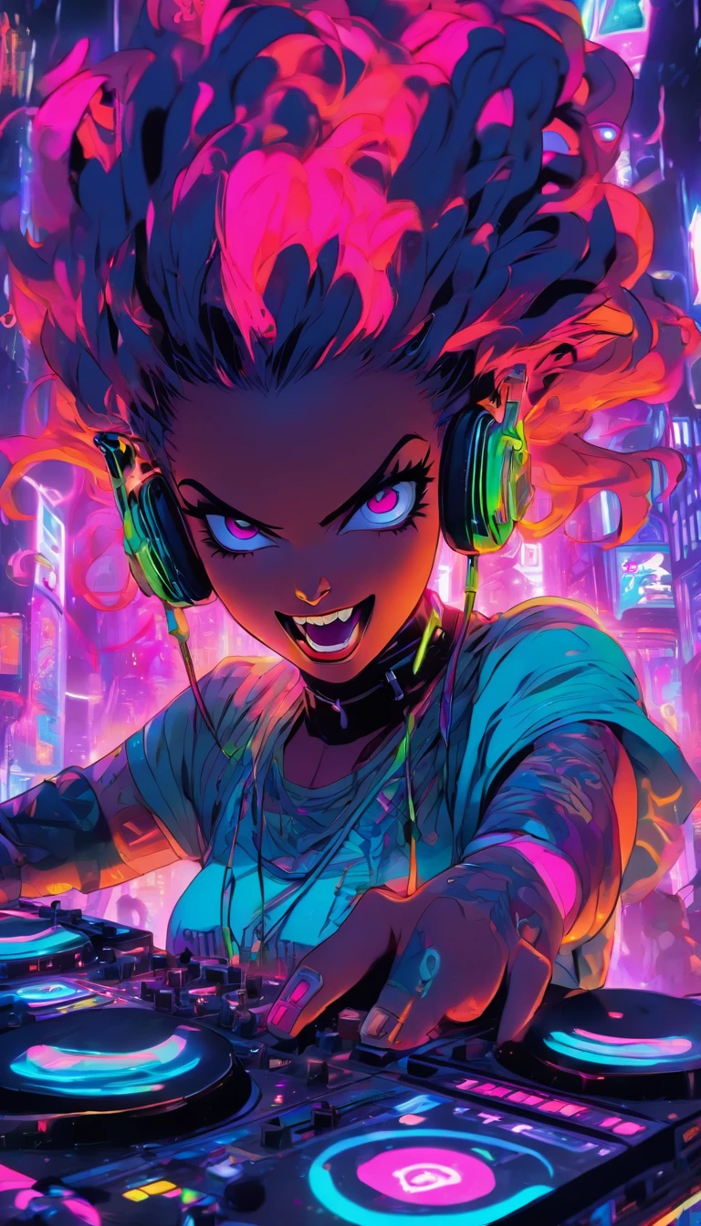 Colorful, hyper-realistic , cyberpunk, Psychedelic vampire female DJ plays dj instruments very crazy, looks intense, unlimited energy, full of passion, expression is so extraordinary, wearing vampire clothes integrated with modern cyberpunk dj costumes, complete with headphones and mic, tattooed cleavage, tattooed arms. DJ musical instruments are so sophisticated, neon cables everywhere, colorful neon cables add a futuristic impression that is so strong, psychedelic, neon wires, colorful, energy, sweat, crowd, epic futurism, crazy, explosive, high_res, very detailed