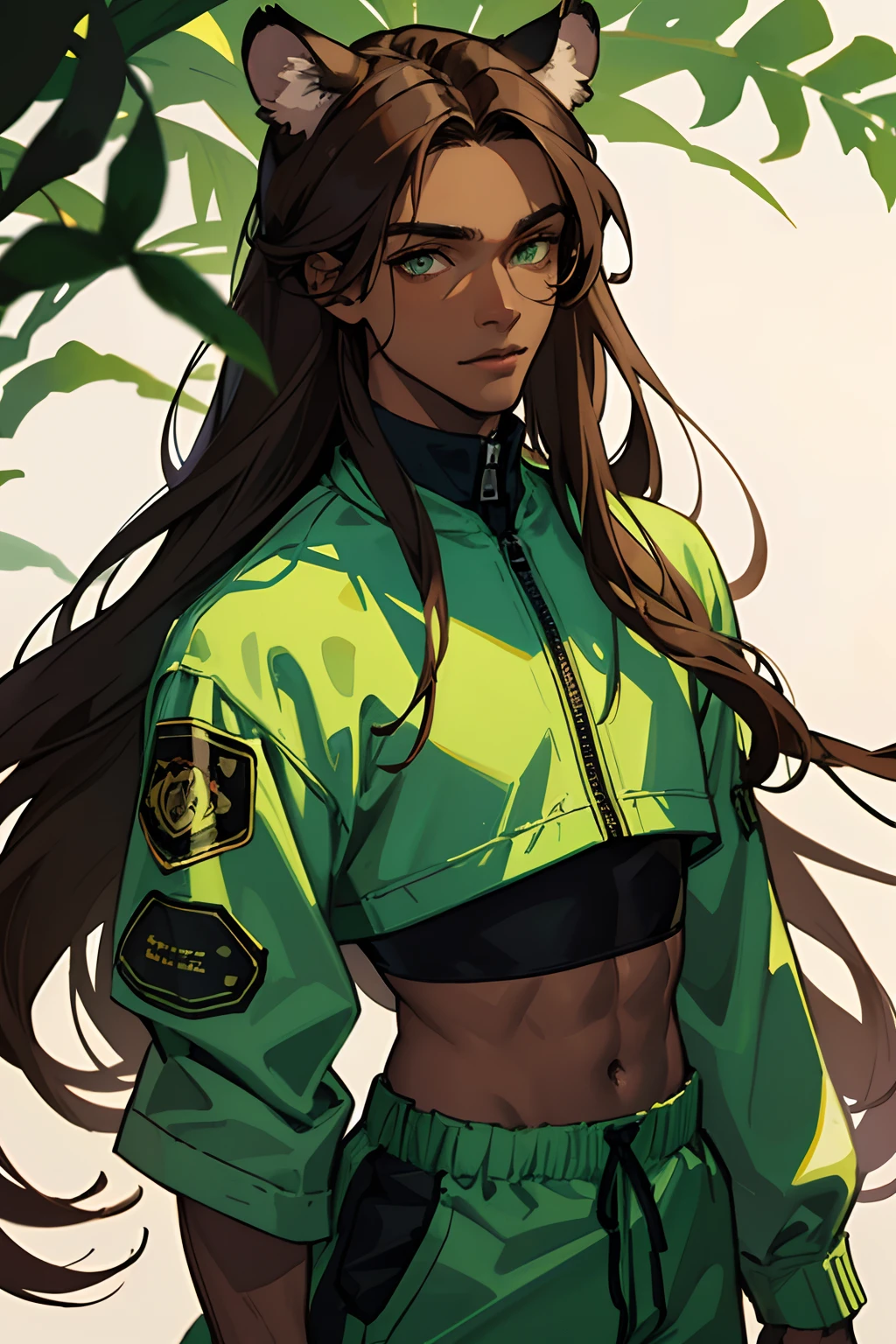 (masterpiece, best illustration, extreme light and shadow), a beautiful man, Extremely long hair, Green eyes , has tiger ears , brown hair , full lips , wearing a crop top , ((Dark Skin )) , close up shot , wearing a jumpsuit , solo Character