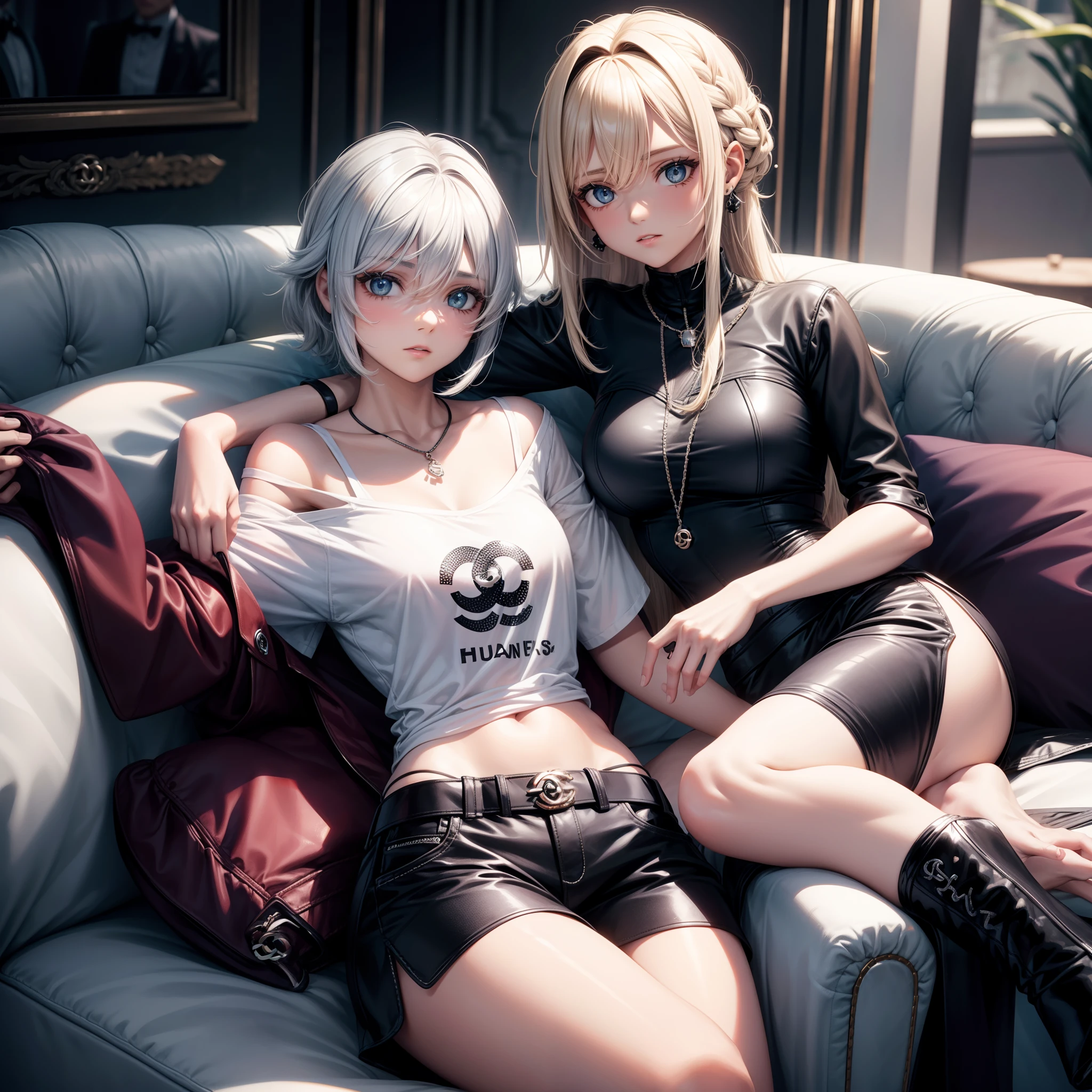 Uma garota com cabelos de cor roxas uma camisa longa e um short preto com corte chanel sentada em um sofa
