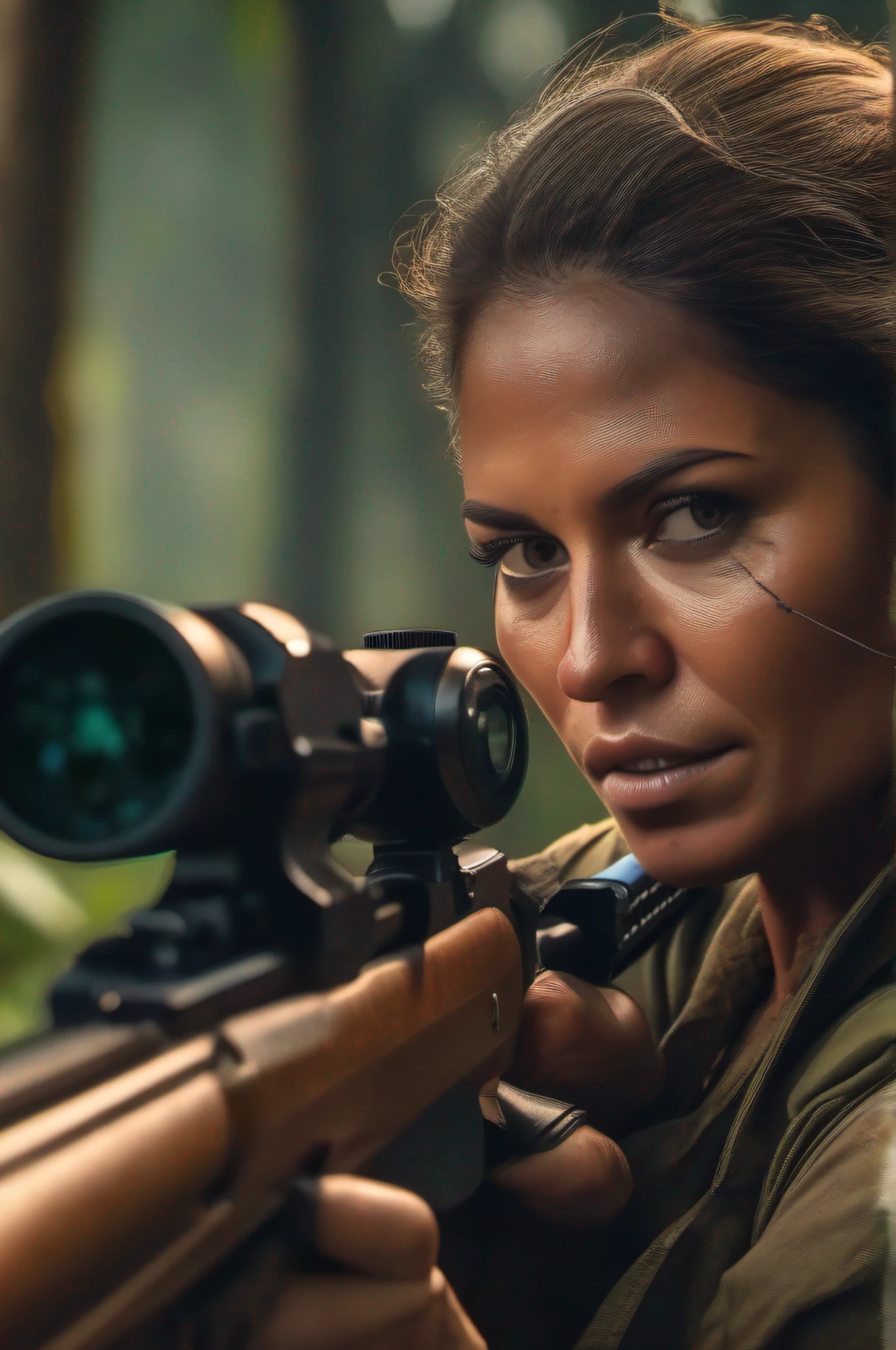 woman from the Brazilian Amazon, sniper rifle, shooting, fire in the rifle barrel, sniper shooting, gun in hand, woman shooting, in the middle of the forest, rich details, high definition, hyperrealism.