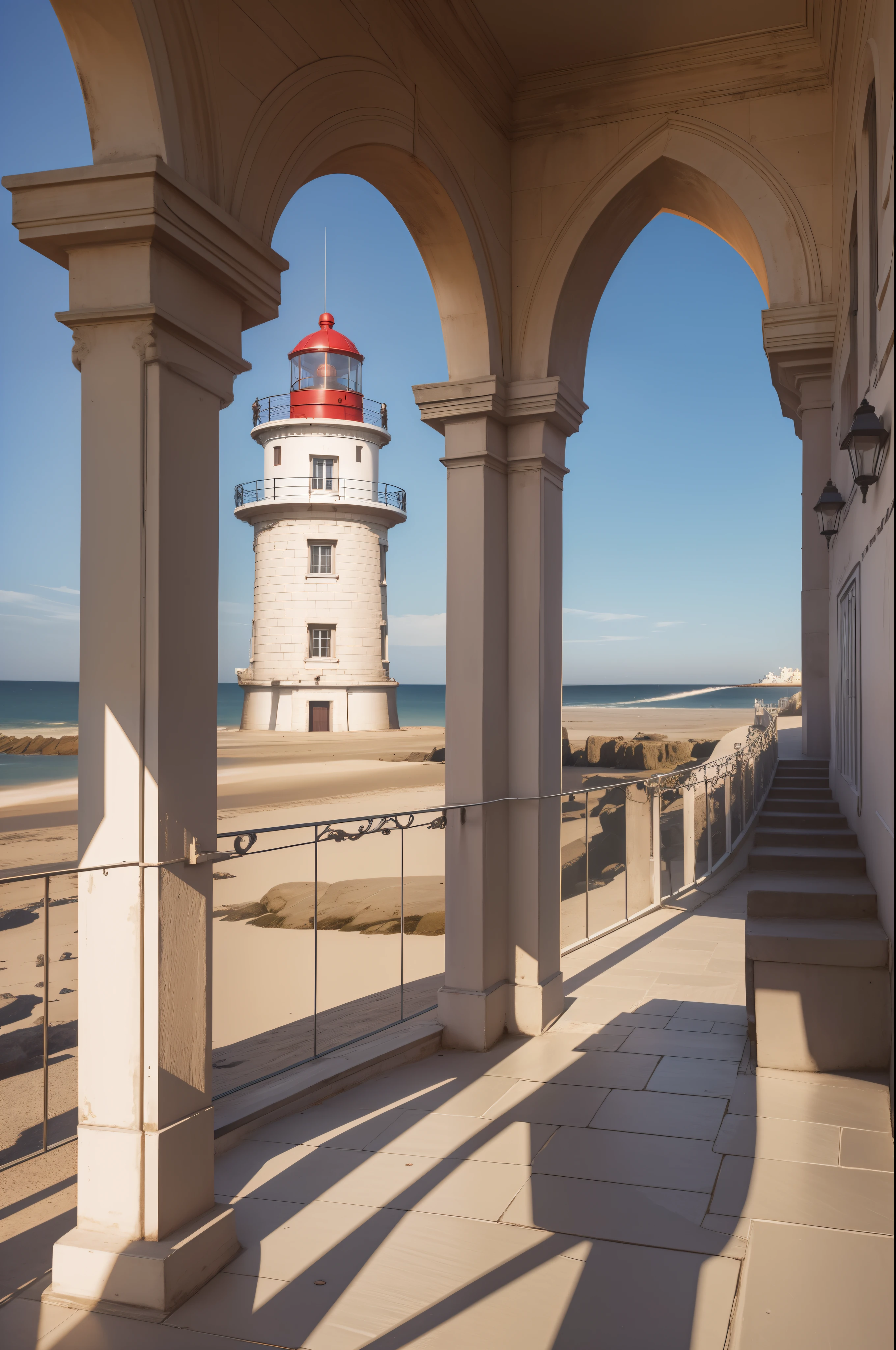 a photography of a lighthouse in gothic style as seen from a nearby arcade, the city is on the seaside, at sunset, hyperrealistic